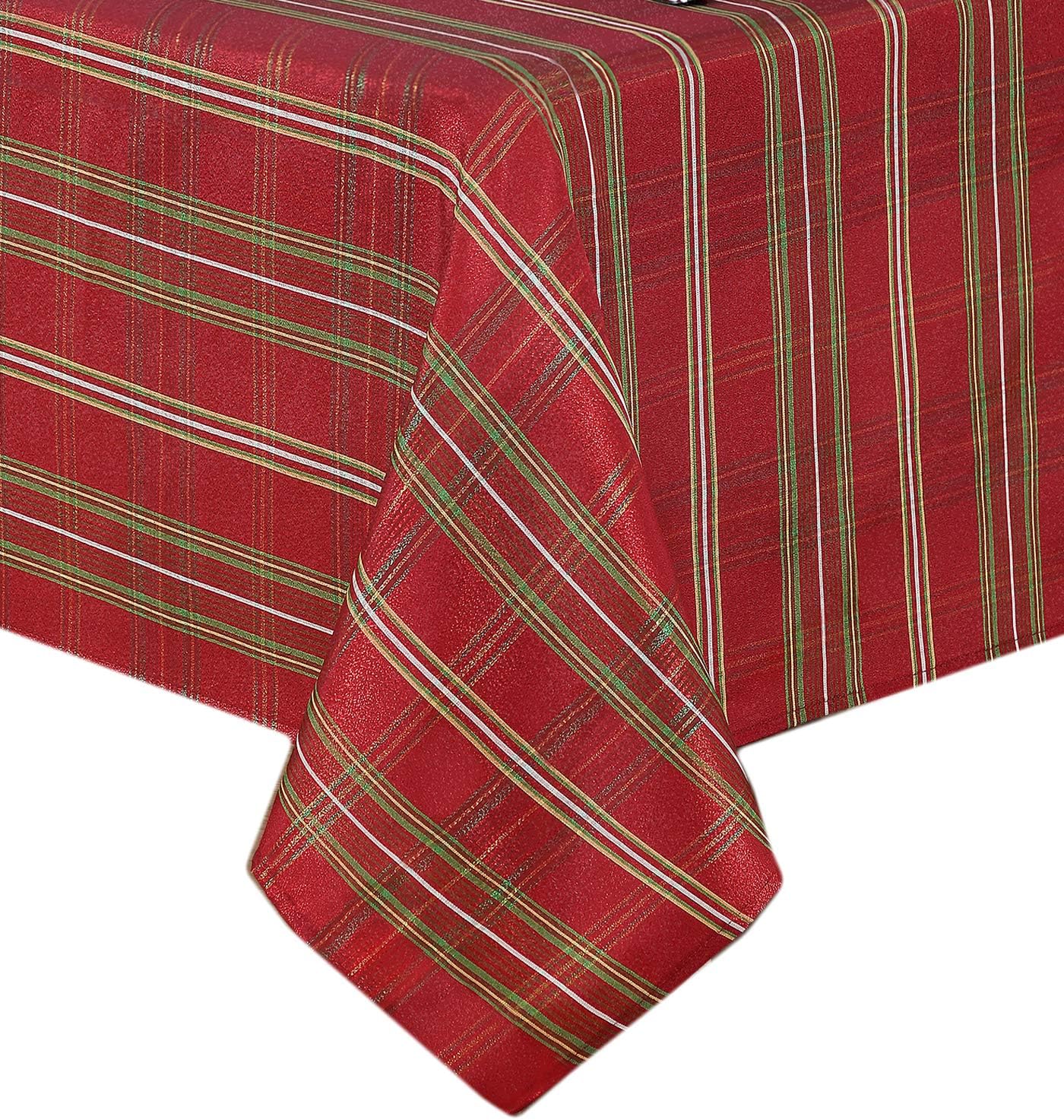 Review Shimmering Plaid Metallic Christmas Fabric Tablecloth by Newbridge, Glitter Xmas Weave Holiday Cloth Tablecloth, 60 Inch x 84 Inch Oblong/Rectangle