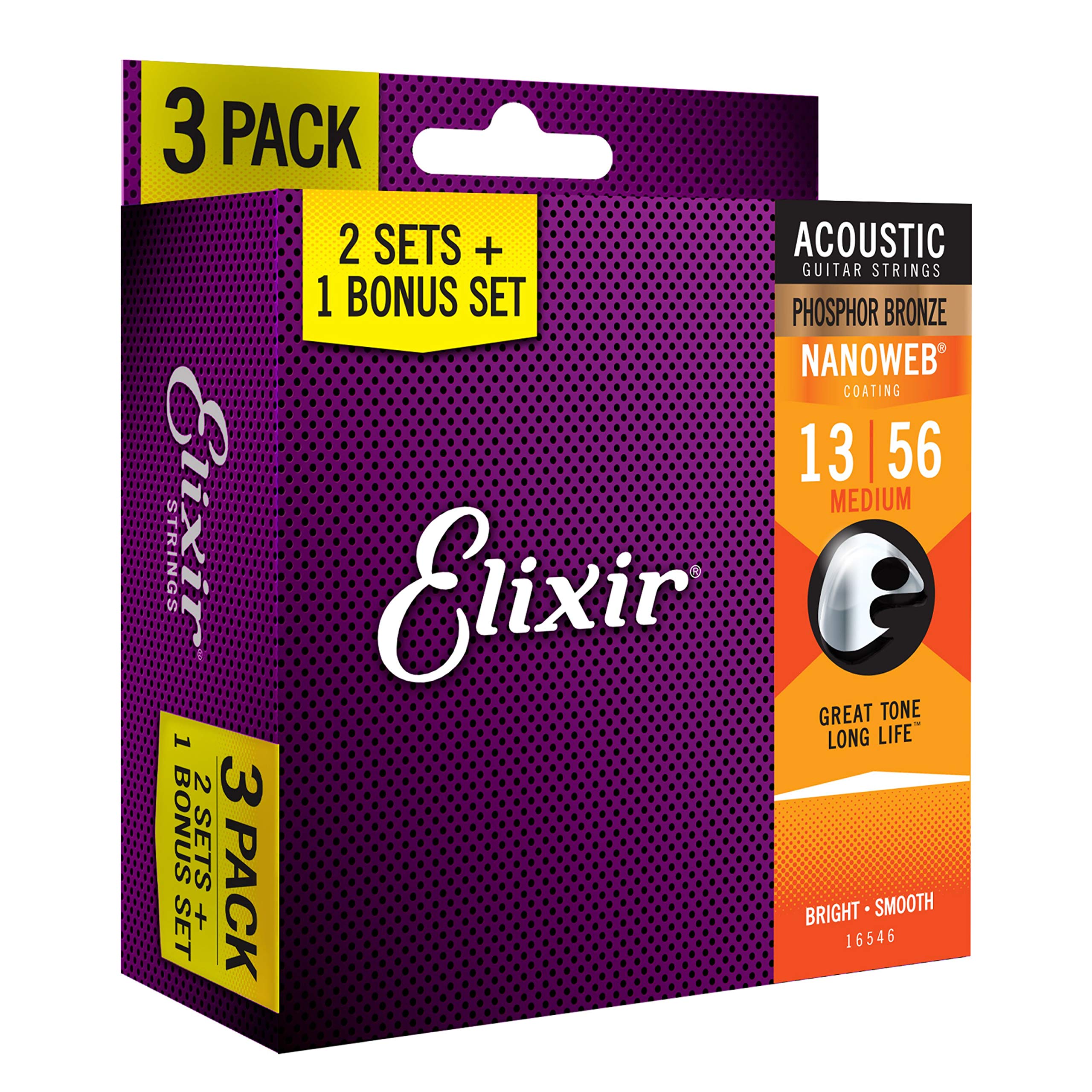 Elixir 16546 Phosphor Bronze Nanoweb Medium Acoustic Strings 13-56 (3-Pack) - Corde per chitarra acustica