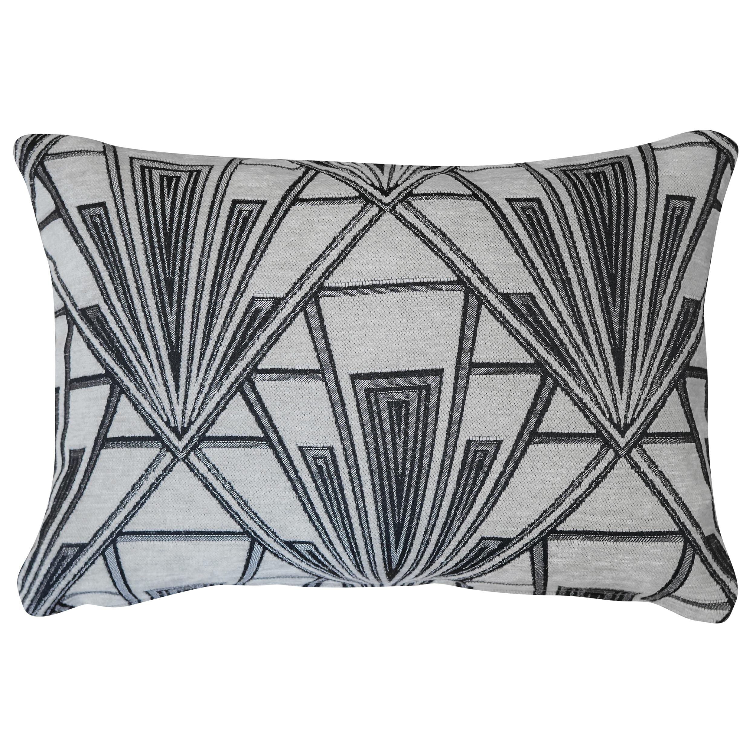 Linen Loft Art Deco Geometric Boudoir Cushion Cover. Pearl White and Silver Vintage Design. Luxury Velvet Chenille. 17x12 Rectangle. Cover Only.