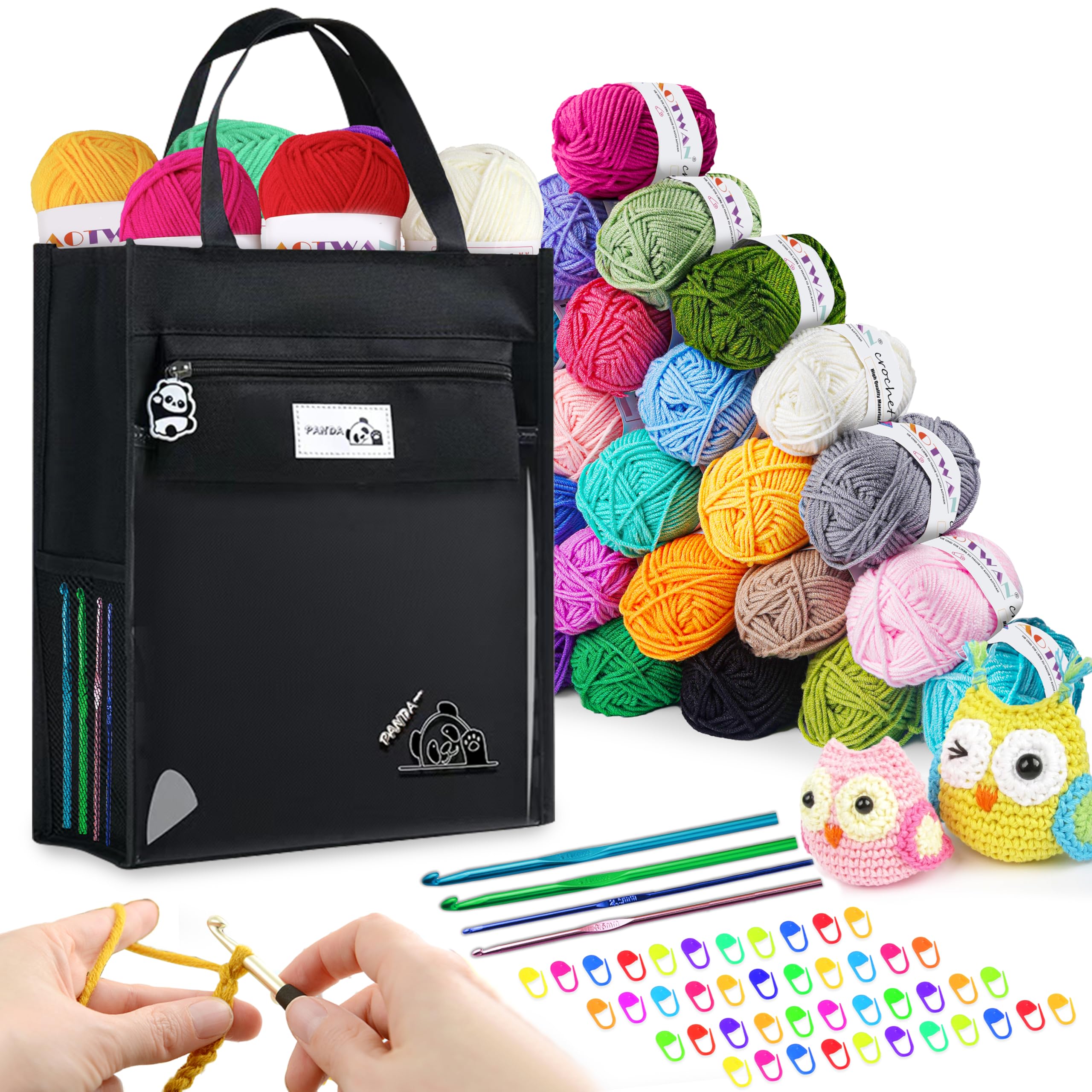 YINVA Crochet Kits for Beginners Adults Yarn 27 Colors Acrylic Wool Set with Aluminum Hooks Storage Case Stitch Markers -Black