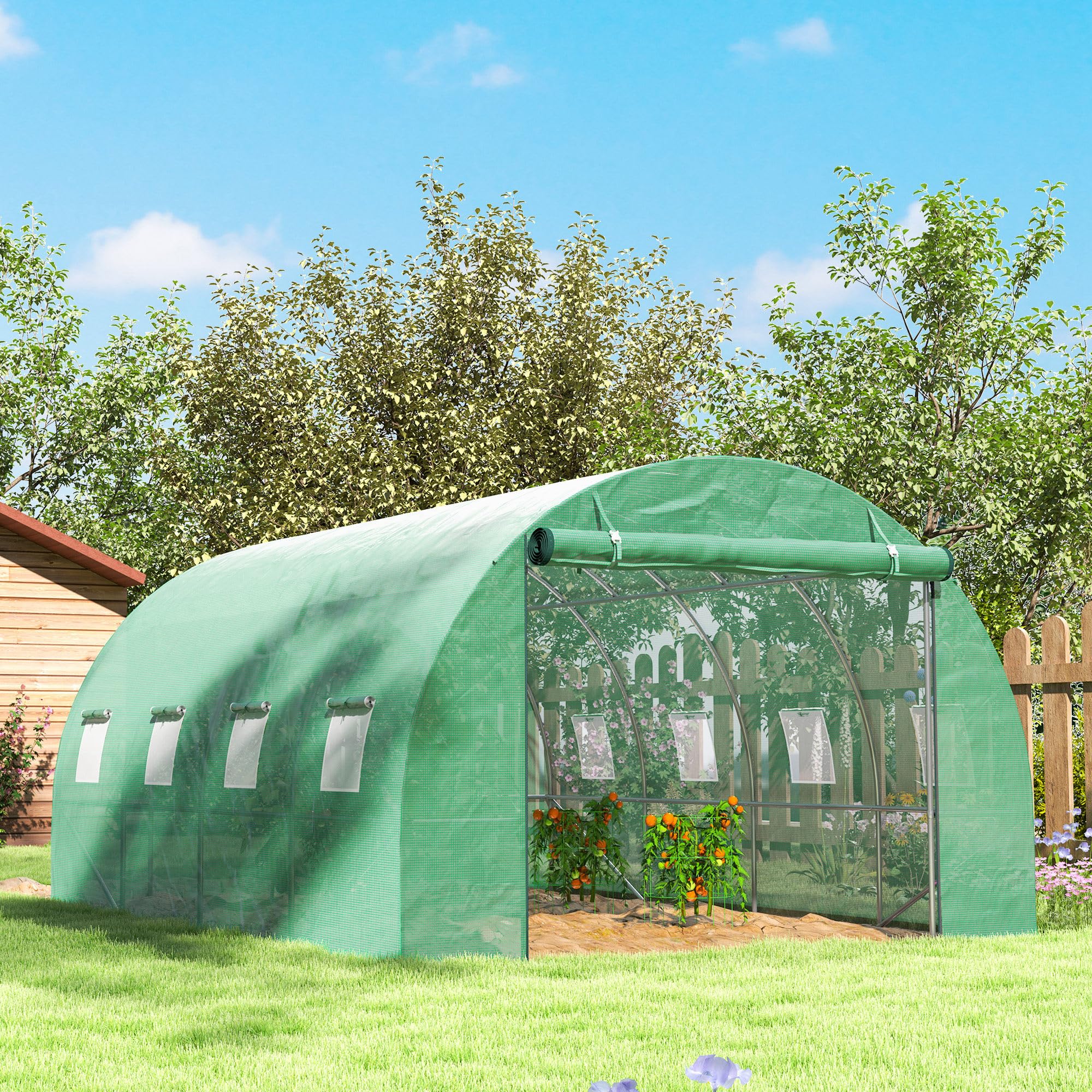 Outsunny Gewächshaus 300x400x200cm Foliengewächshaus Tomatenhaus mit Tür, 8 Fenster, Folientunnel aus verzinktem Stahl, 170g/m² PE, stabiles pflanztunnel, Treibhaus inkl. Erdanker & Seilen, Grün