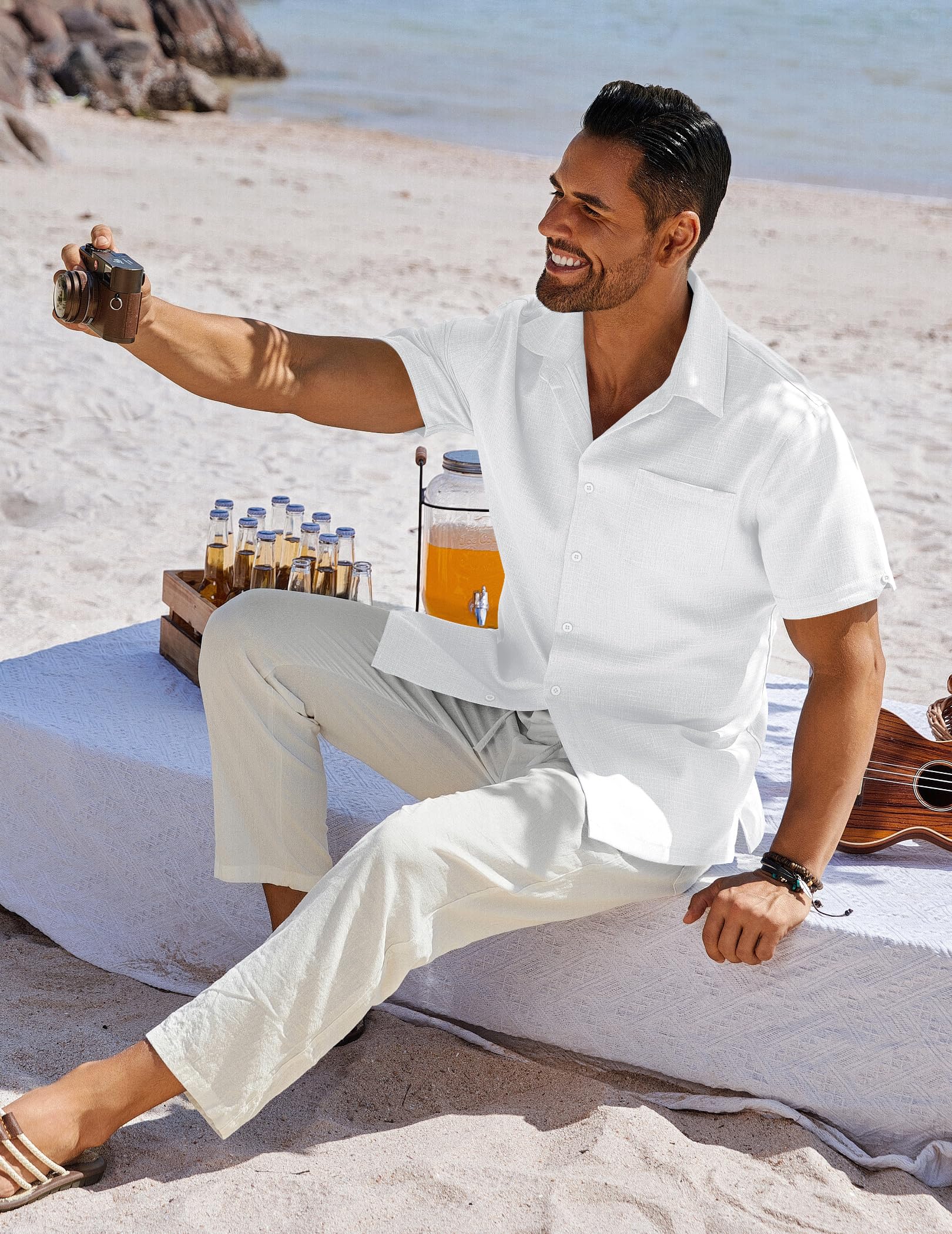 COOFANDY Chemise Homme Manches Courtes Été Décontractée Vacances Plage Hawaïenne avec Poche