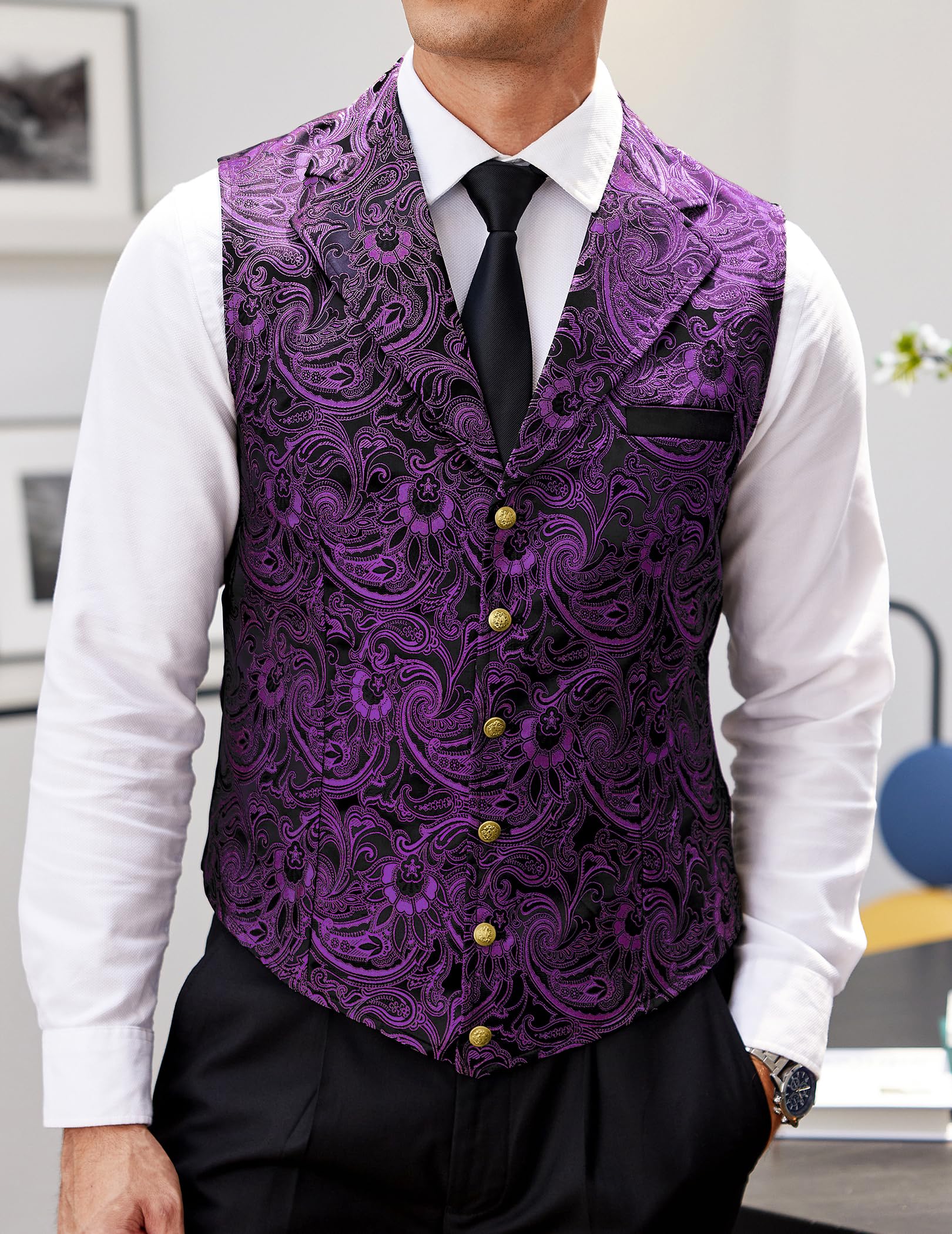 COOFANDY Gilet da uomo con motivo cachemire, floreale, vittoriano, gotico, steampunk, formale, gilet da smoking con risvolti dentellati