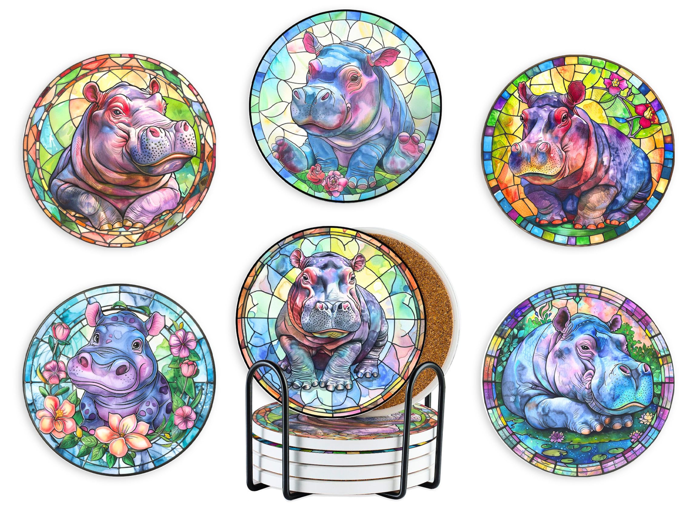 Regalos de hipopótamo para mujeres, niñas y adultos, posavasos de hipopótamo para decoración del hogar para cumpleaños, Navidad, Acción de Gracias, juego de 6, cerámica, absorbente con base de corcho