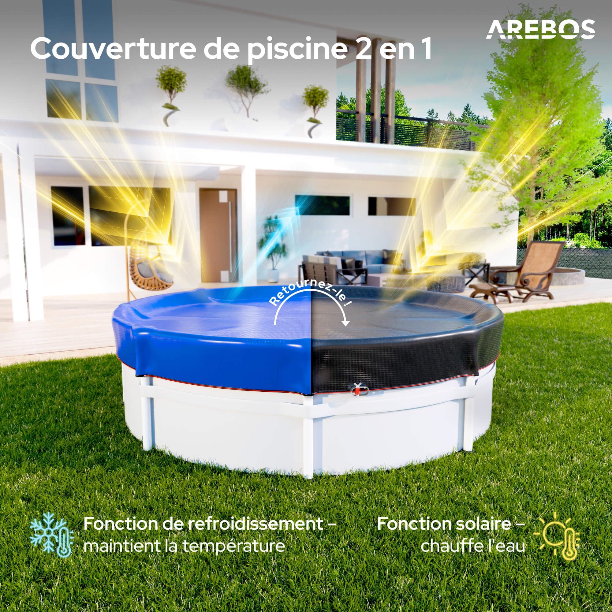Arebos® Bâche Ronde Ø 560 cm pour Piscine | Bâche 2-en-1 Été & Hiver en PE 200g/m² | Couverture Solaire pour Piscine | Convient aux piscines Ø 460-500 cm