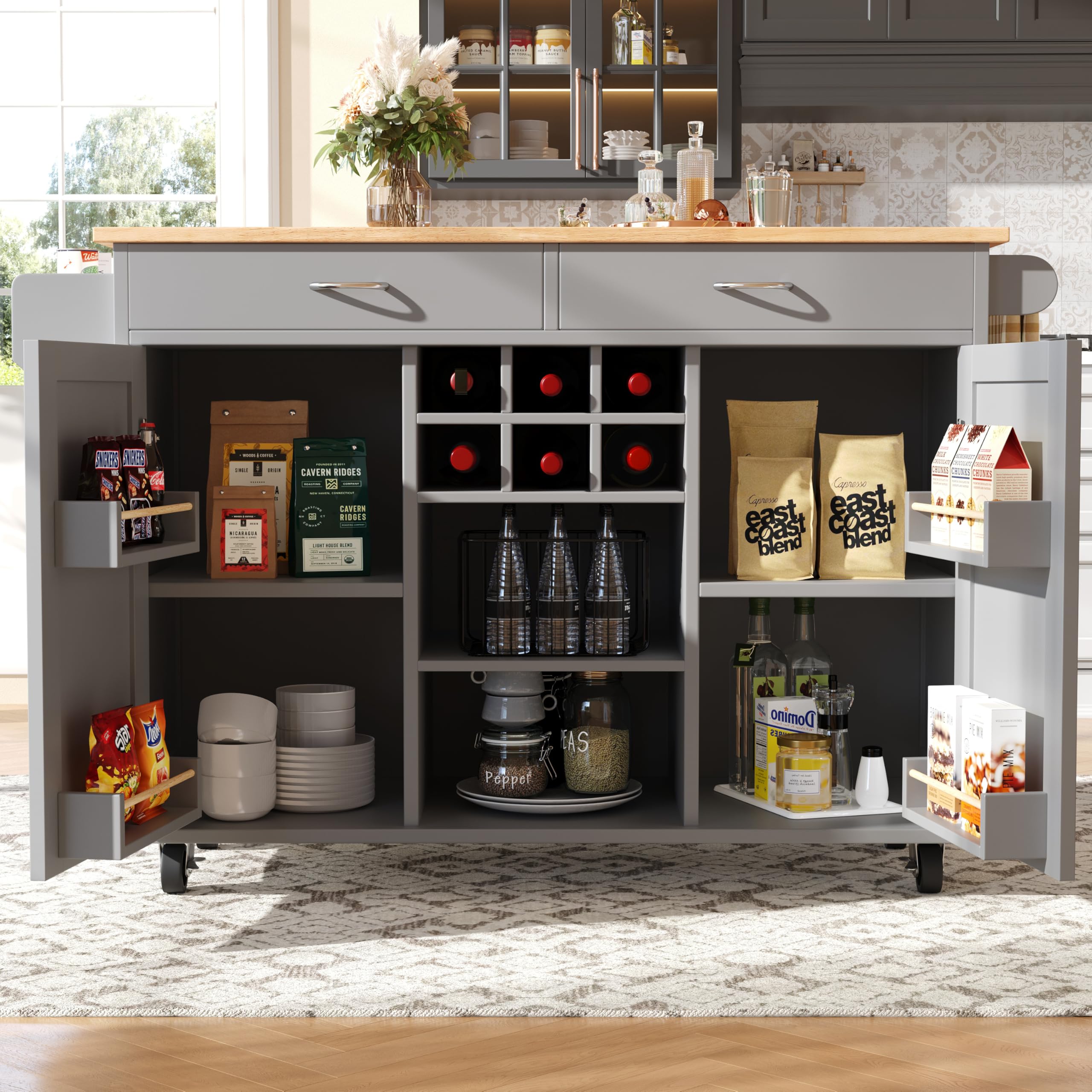 Isla de cocina 102 x 45 x 92 cm, carrito de cocina con 2 cajones, 2 puertas, estantes para puertas, estantes laterales, compartimentos ajustables, estante para vino, toallero, ruedas