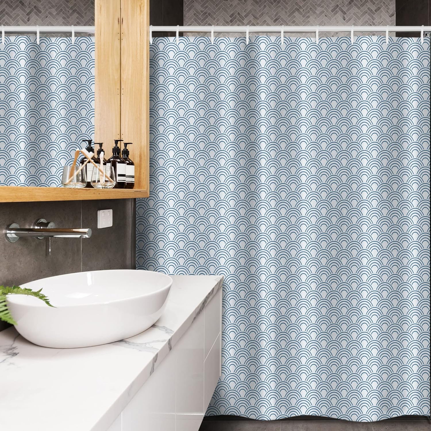 Ambesonne White Stall Shower Curtain, Conceptual Ocean Waves with Half Circles Abstract Seascape Coastal Pattern, Fabric Bathroom Decor Set with Hooks, 54" W x 78" L, Blue White