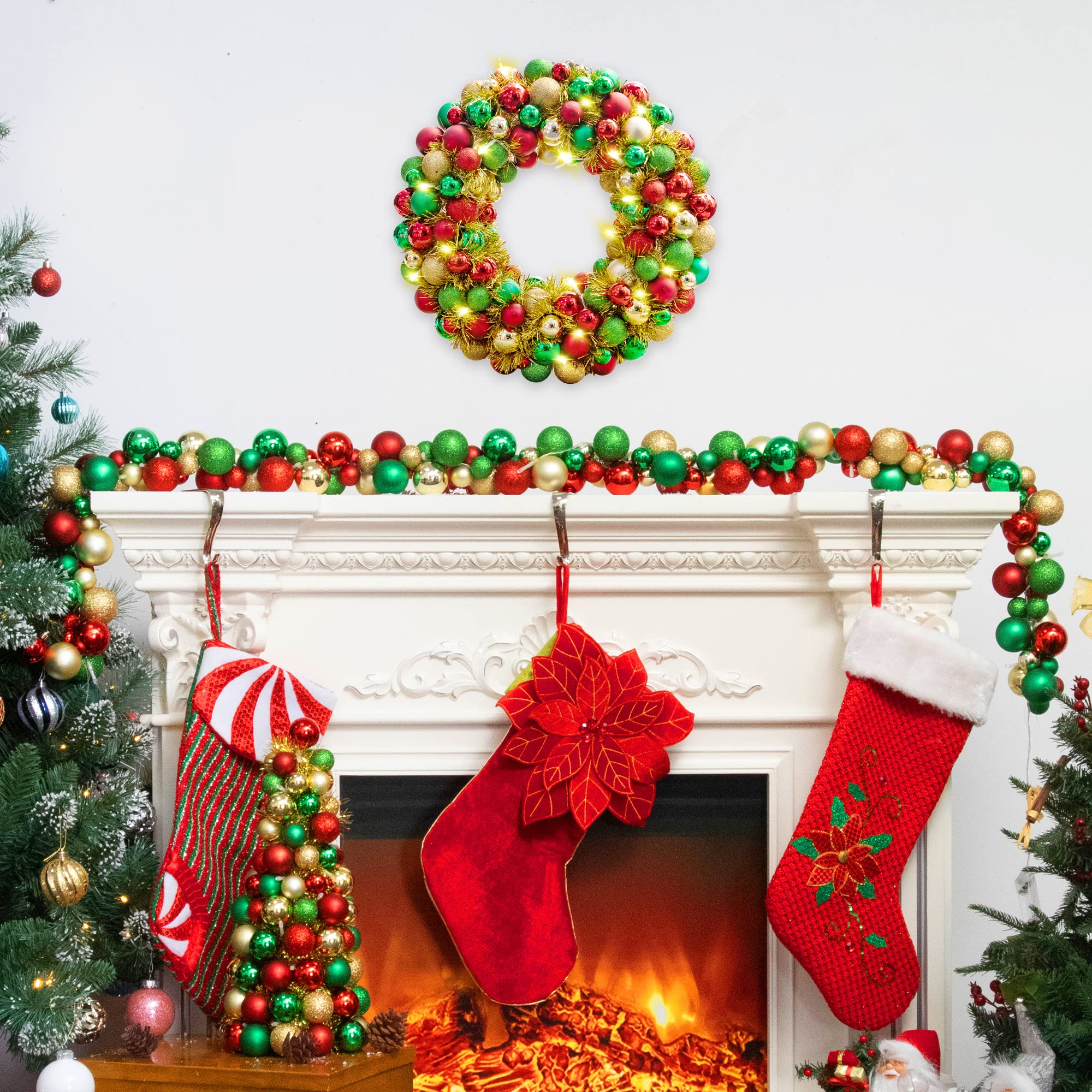 Amooca 16in Christmas Ball Wreath with LED Lights Front Door Window Decorative Hanging Ornaments Table Centerpiece Holiday Party Home Decoration Red Gold Green