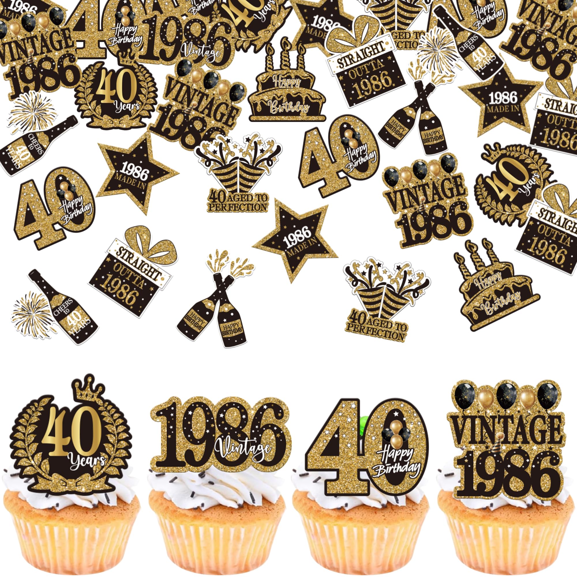 60 Stück Essbare Vintage 1986 Cupcake Toppers Waffelpapier 40th Geburtstag Tortendeko Prost auf 40 Jahre Kuchen Deko für 40th Geburtstag Jahrestag Party Kuchen Dekorationen