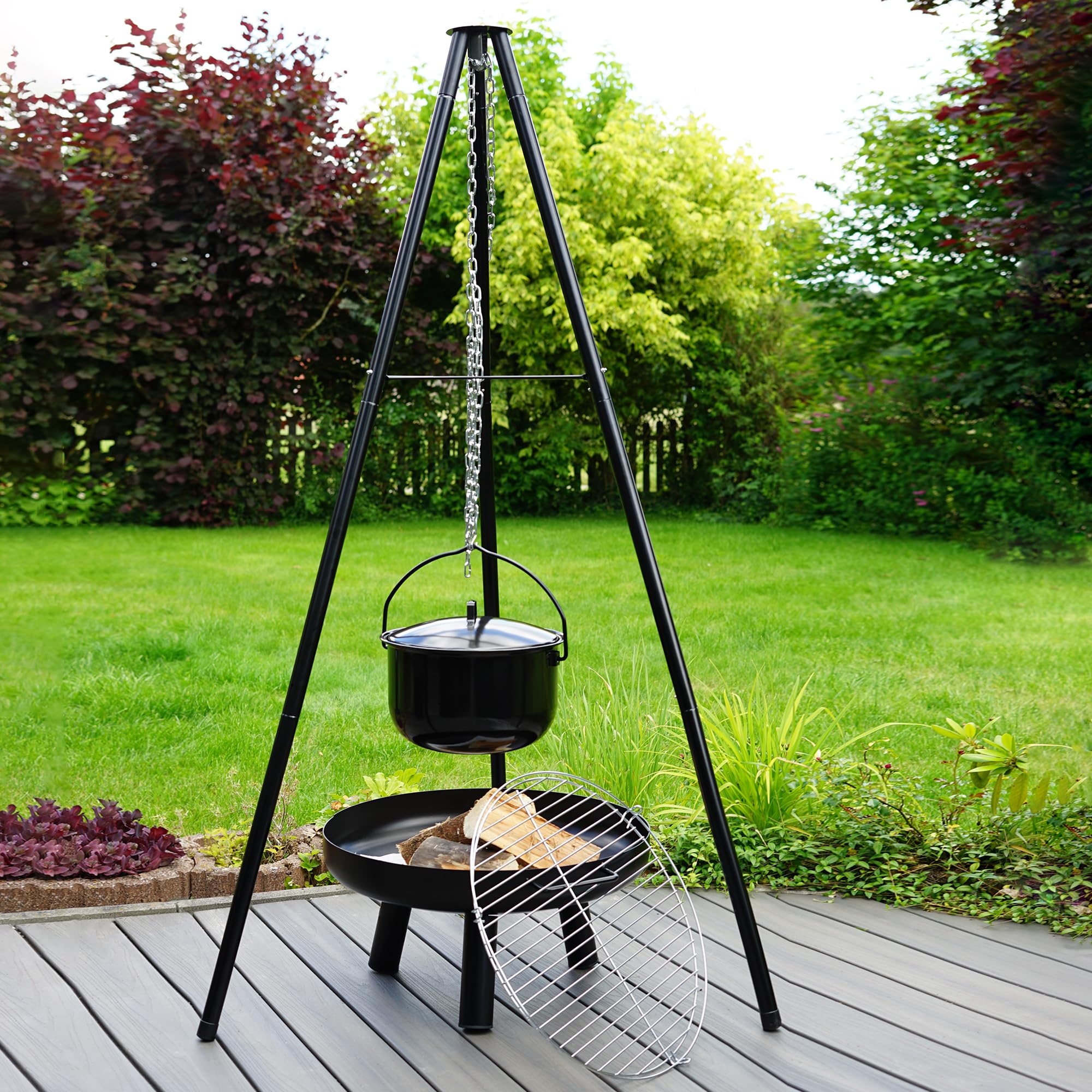 LEMODO Schwenkgrill mit Feuerschale, Dreibein Grill mit Grillrost, Hängegrill mit Gulaschkessel, 3 Bein Grill für BBQ, Grillgestell für Gulaschtopf, Holzkohlegrill mit Zubehör