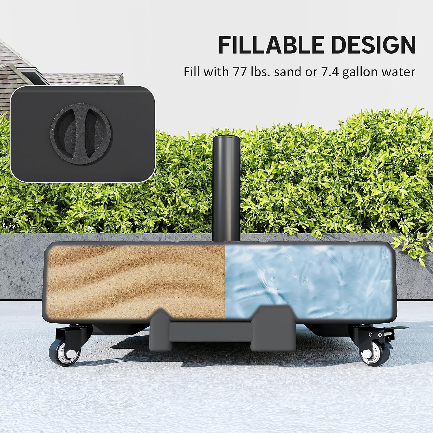 Outsunny Refined Wood Grain Patio Umbrella Base with Wheels, Heavy Duty Outdoor Umbrella Stand for 6-13 ft Umbrellas, Fillable 62 lbs Water/77 lbs Sand, Fits 1.5" / 1.9" Poles, Black