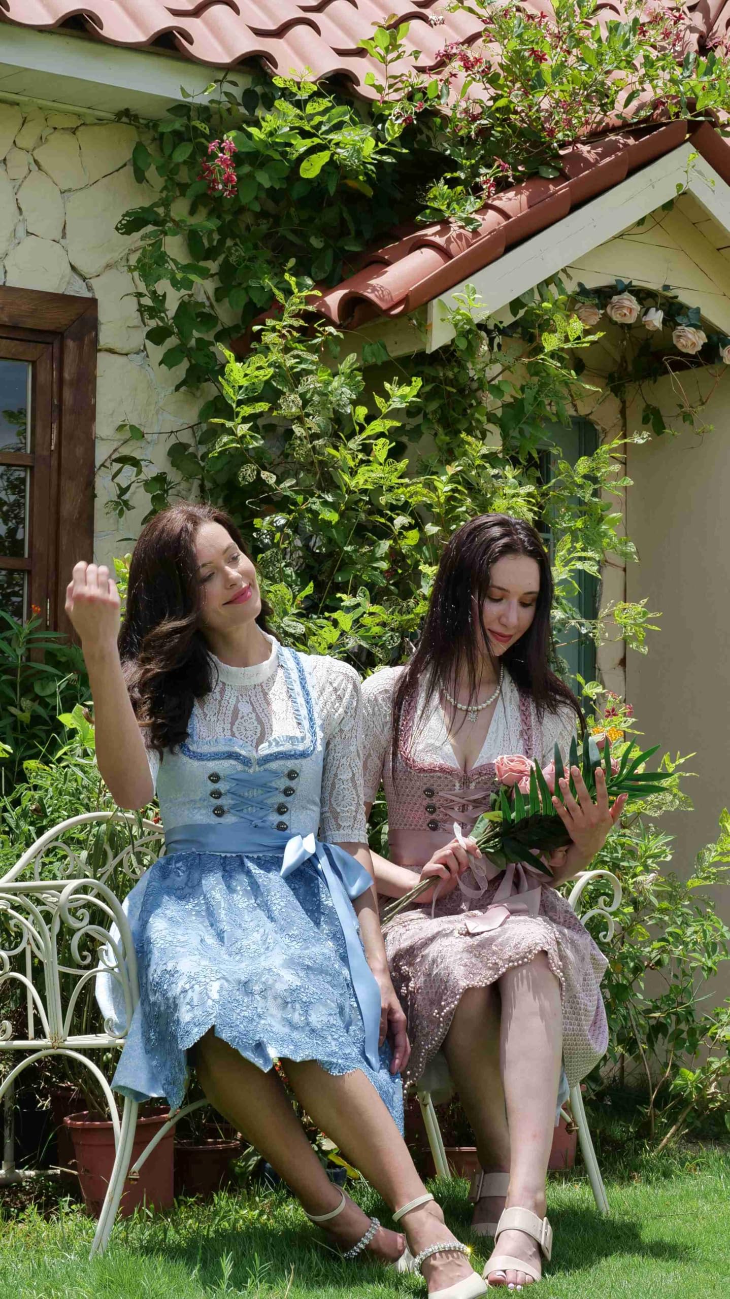 Dirndl Damen, Exklusive Dirndlkleider Damen Elegant 2tlg.60cm | Midi,Hochwertig,Blau/Rosa/Grau/Grün,Traditionell Bavarian,Trachtenrock,Dirndlschürzen,Mädchen,Größe 34-44 (Ohne Dirndlbluse)