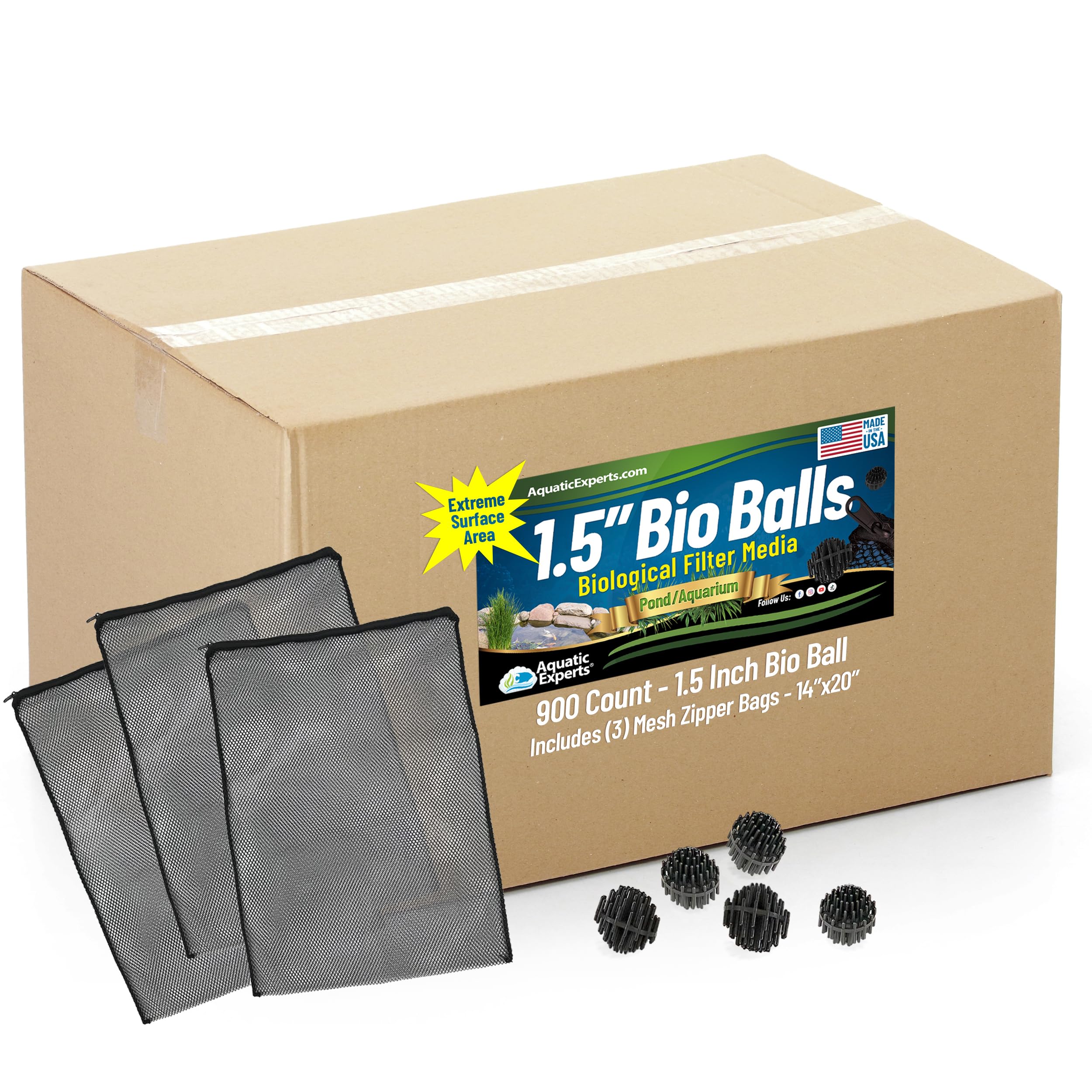 Aquatic Experts 1.5" Large Bio Balls for Ponds – Biological Filter Media for Waterfalls &amp; Outdoor Pond Filters, Treats Up to 3,000 Gallons (900 Count + Three 14" x 20" Mesh Bags)