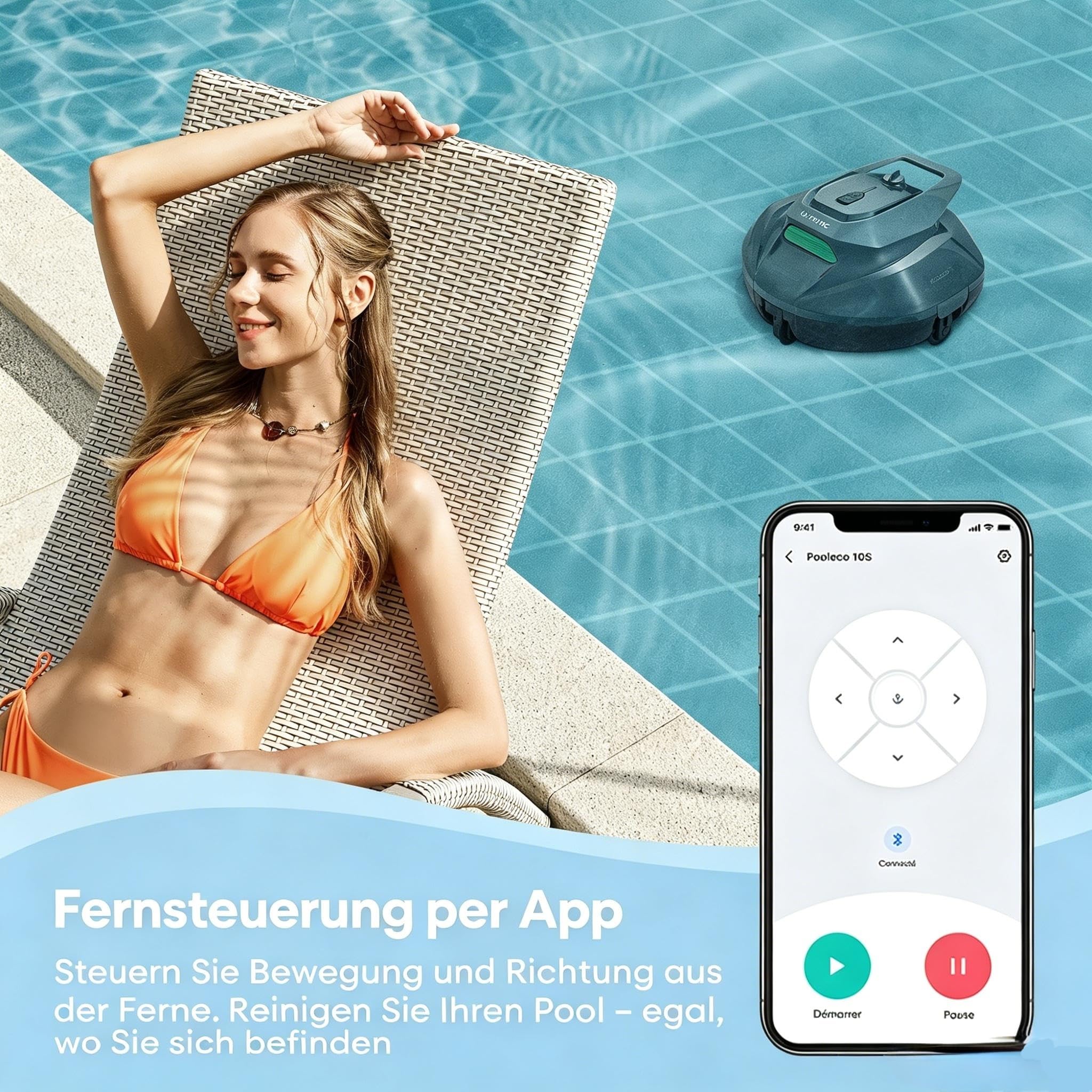 10s Poolroboter(2026 Upgrade), Poolroboter Akku mit 3 Motoren, 90Min für Pools bis 80 m², Fernbedienung und App-Steuerung, automatisches Parken, geeignet für Verschiedene Pooloberflächen