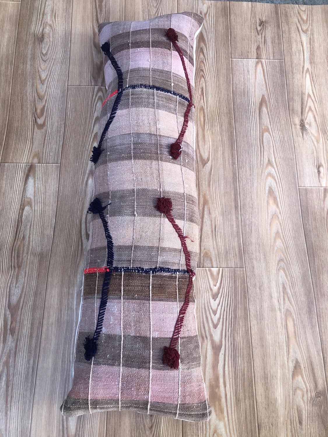 Turkish Rug Kilim Pillow – 12x42 Striped Kilim Cover–Natural Brown and Beige Tones with Red & Navy Accents Long Lumbar Cushion Kilim Pillow