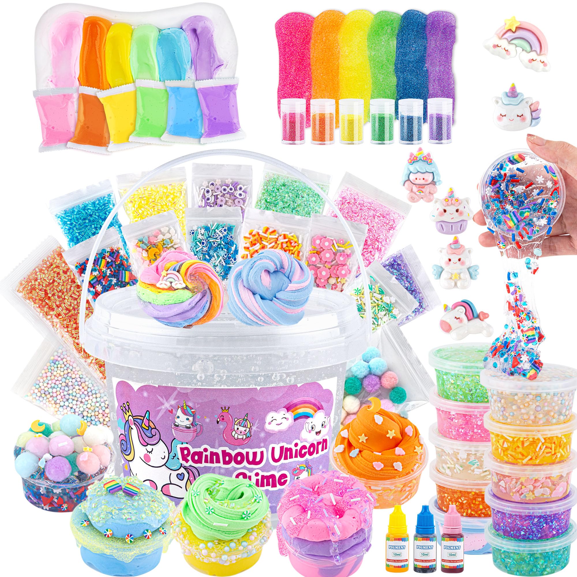 Crystal Clear Slime Kit for Kids - DIY Making Kit With 36 Sets Add-ins, Rainbow Bucket for Girls & Boys Ages 8-12, Party Favors Birthday Easter Hallowmas Gift, 17 FL OZ Premade