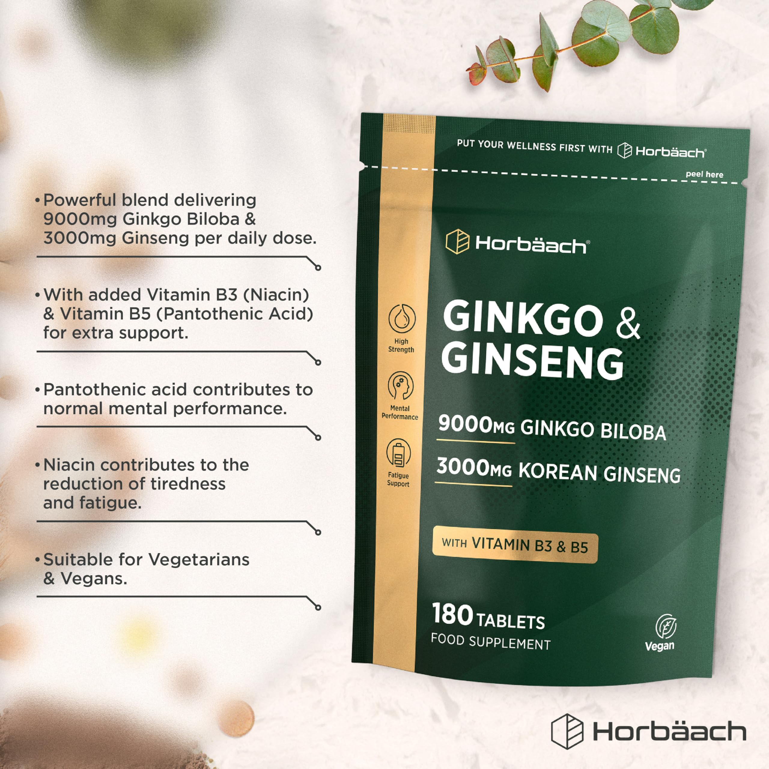 Ginkgo Biloba e Ginseng Integratore | Ginkgo 9000 mg e Radice di Ginseng Coreano 3000 mg | 180 compresse vegane | di Horbaach