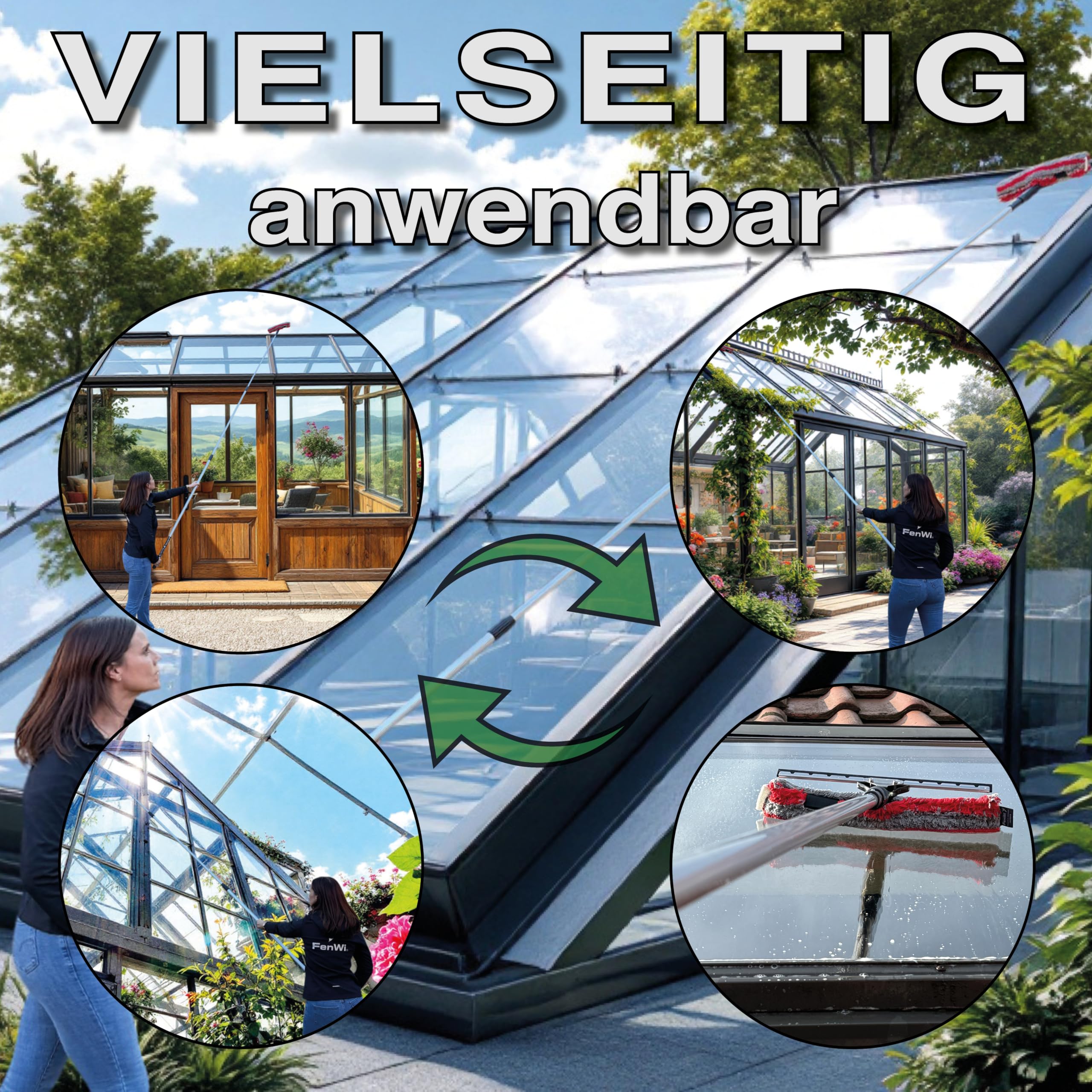 FenWi 4m Fensterreiniger Profi Set mit 400 cm Alu Teleskopstange Gummilippe Kombi Fensterwischer Mikrofaser 35/40cm Winkelgelenk + Zubehör zum Fenster putzen I Reinigung von Solaranlage Photovoltaik