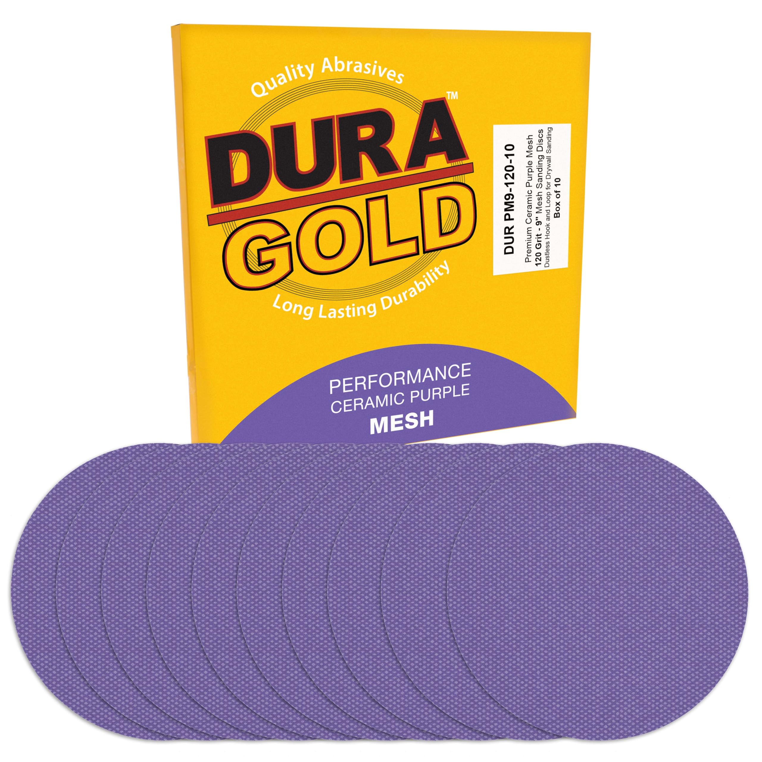 Dura-Gold Discos de lijado de malla de cerámica morada de grano 120 de 9 pulgadas, caja de 30 – Papel de lija sin polvo para lijadora eléctrica de paneles de yeso, abrasivo de corte rápido de larga