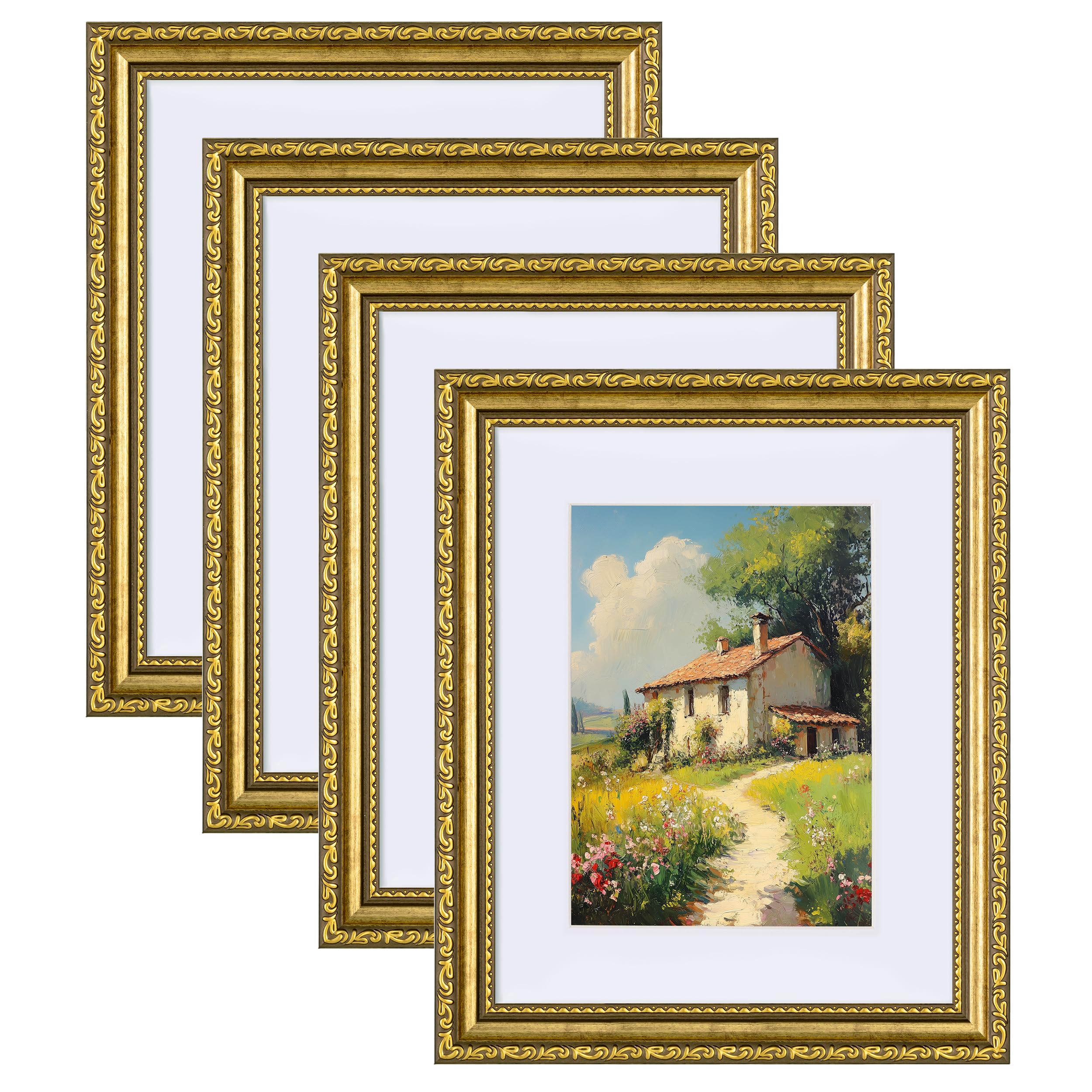Photo 1 of eletecpro 8x10 Picture Frames Set of 4, Gold Frames 8 x 10 with Glass Cover, Vintage Photo Frame Displays 5x7 Photo with Mat or 8x10 without Mat for Tabletop or Wall Decor, Gold