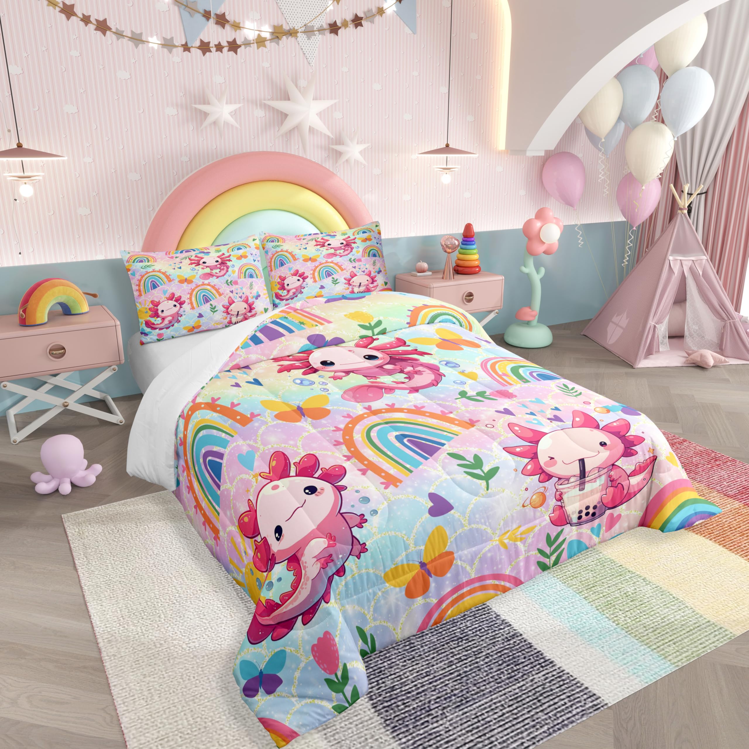 Feelyou Cute Axolotl Comforter Cartoon Salamander Comforter Set for Kids Boys Girls Rainbow and Butterflies Bedding Set Ombre Quilt Set Bedroom Collection 2Pcs Twin Size