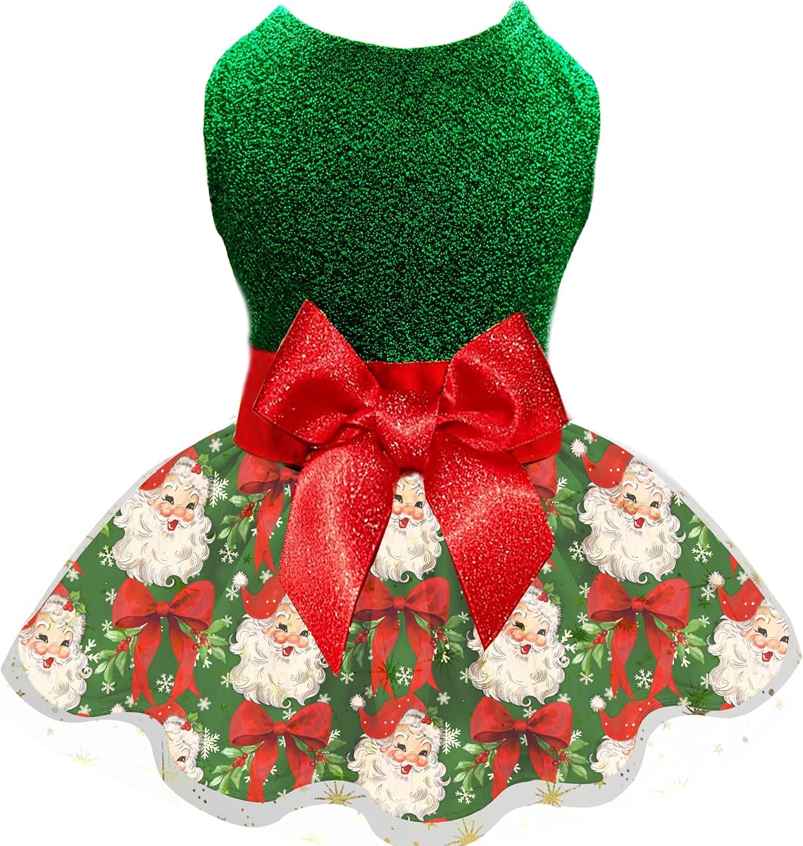 Christmas Dog Dress, Festive Holiday Pet Outfit, Shiny Green Top with Glittery Red Bow and Santa Claus Print Skirt for Boys and Girls Small Puppies