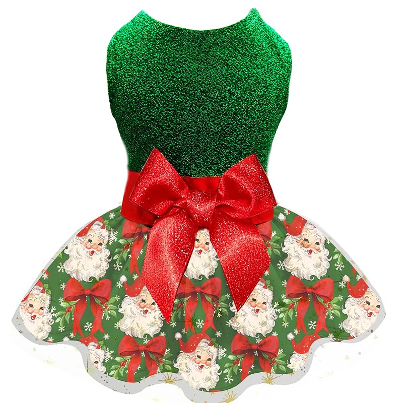 Vestido de Natal para Cães e Gatos Miiemiu com Laço Vermelho e Saia Estampada Dear Santa, Grande (Large)