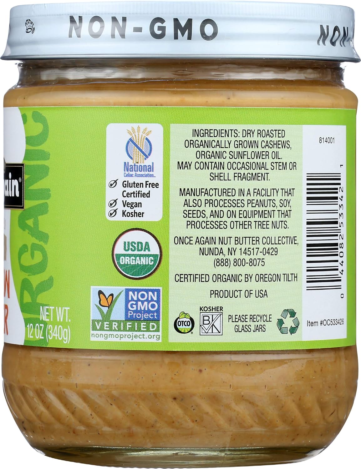 Once Again Organic Creamy Cashew Butter, 12oz- Unsweetened - USDA Organic, Gluten free Certified, Vegan, Kosher, Peanut Free - Glass Jar