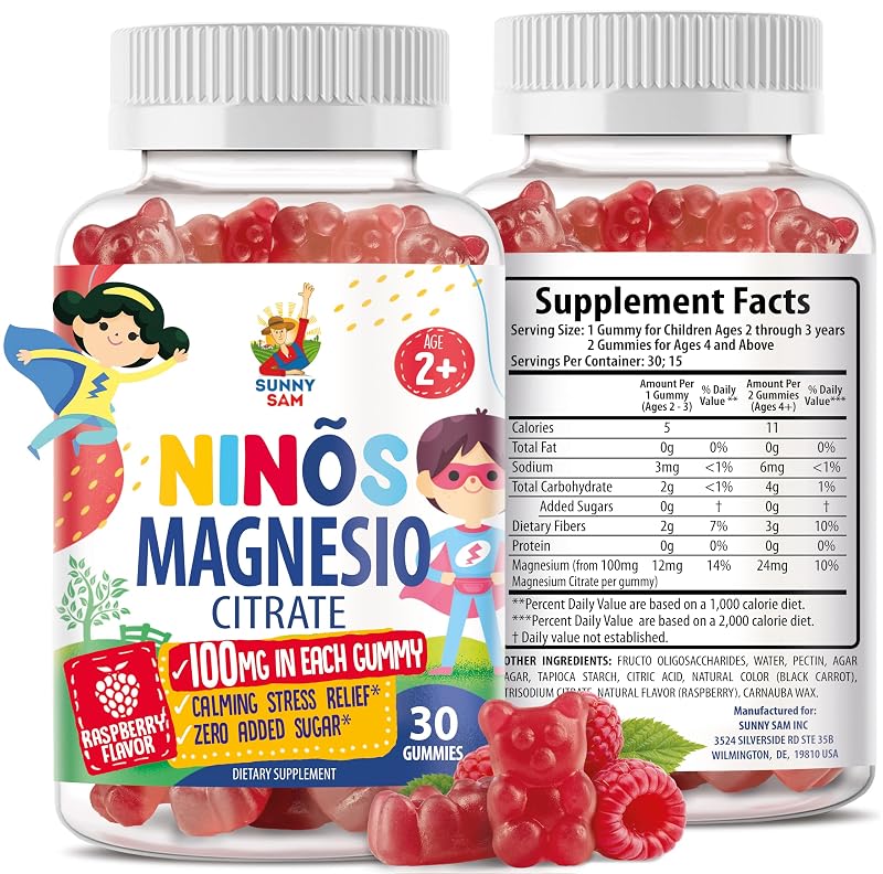 SUNNY SAM Gomas de Citrato de Magnésio 100 mg para crianças e adultos, 30 gomas