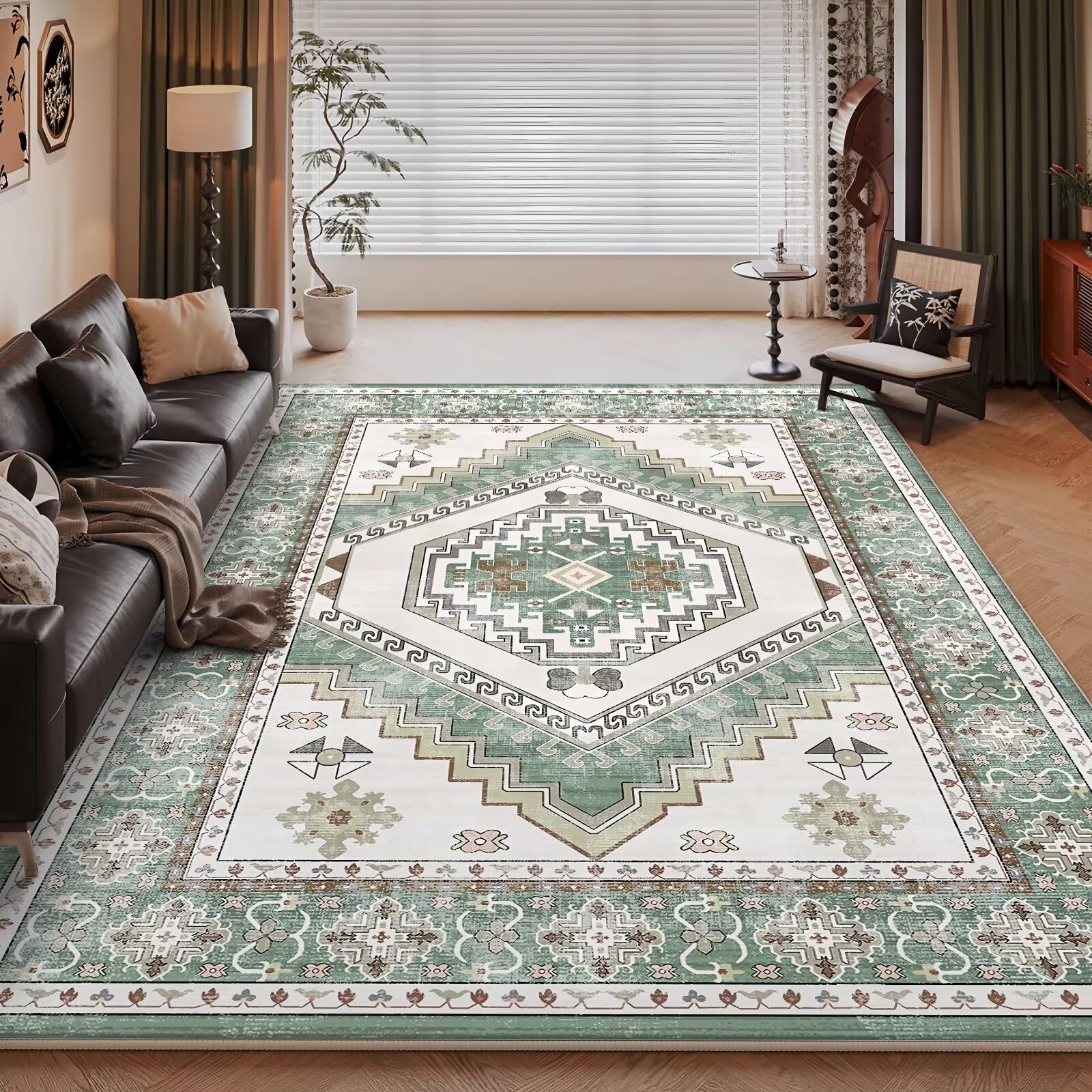 Tapis Retro Salon Antiderapant 200x300cm,Grand Tapis Vert Sauge,Design Géométrique pour Bureau,Home,Chambre Adulte