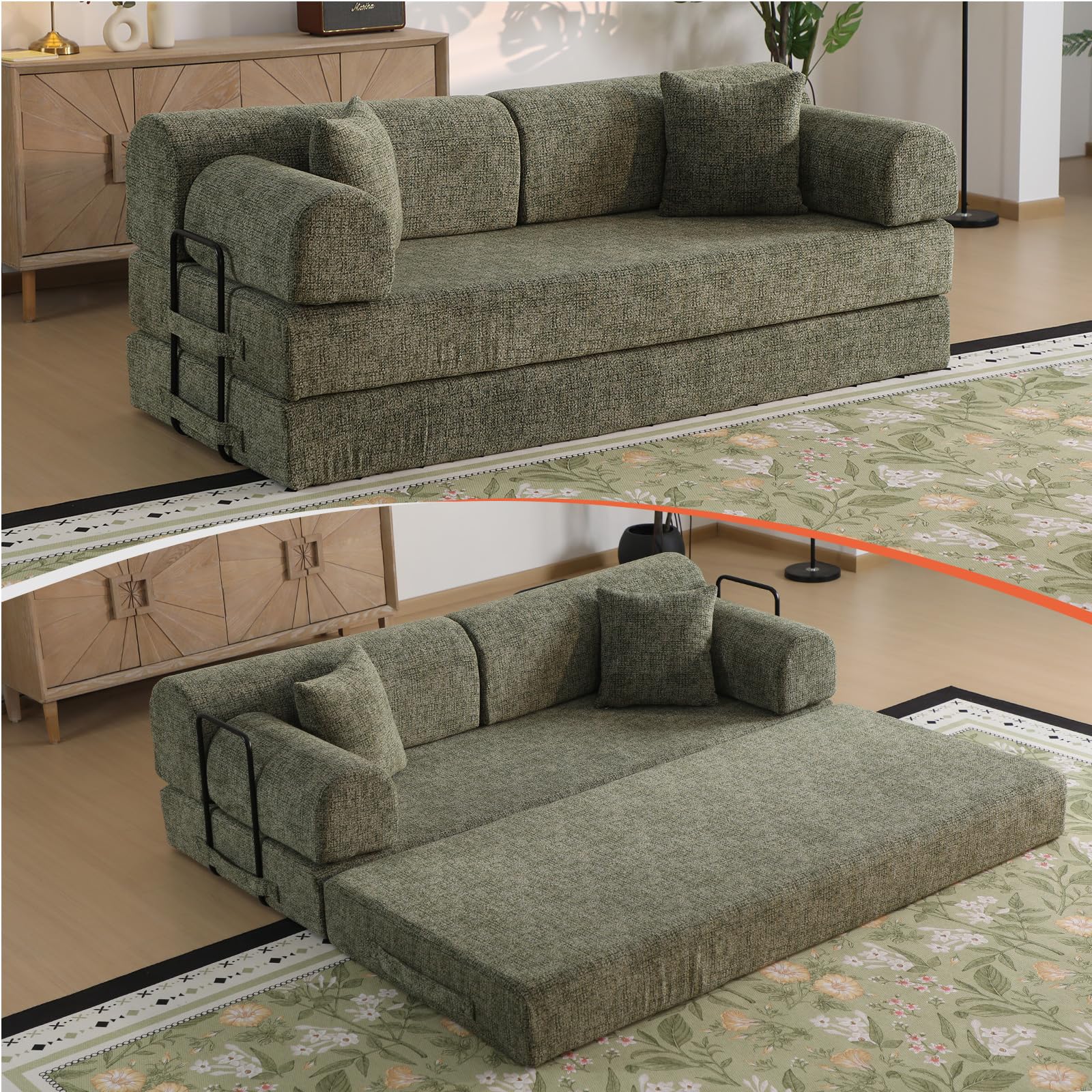 78.8" Memory Foam Boneless Couch, Corduroy Floor Sofa Bed, Convertible Sleeper Futon Loveseat, Wide Armrests & Back Support, Supports Up to 1200 lbs,