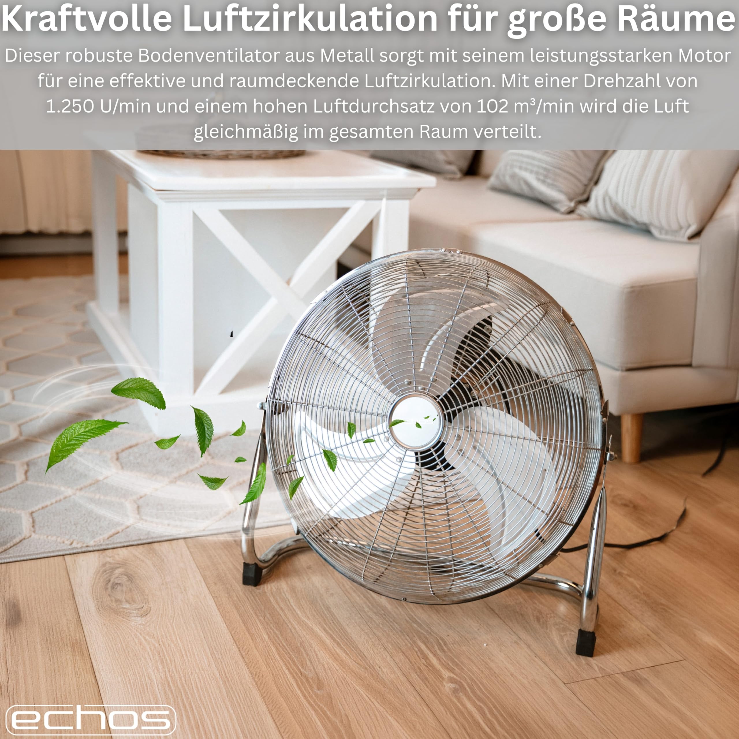 Echos® Bodenventilator Metall 46 cm – 100W Hochleistungs Ventilator leise, 3 Stufen, 90° neigbar, Industrie Ventilator mit starkem Luftstrom 102 m³/min, Standventilator für Werkstatt, Büro & Zuhause