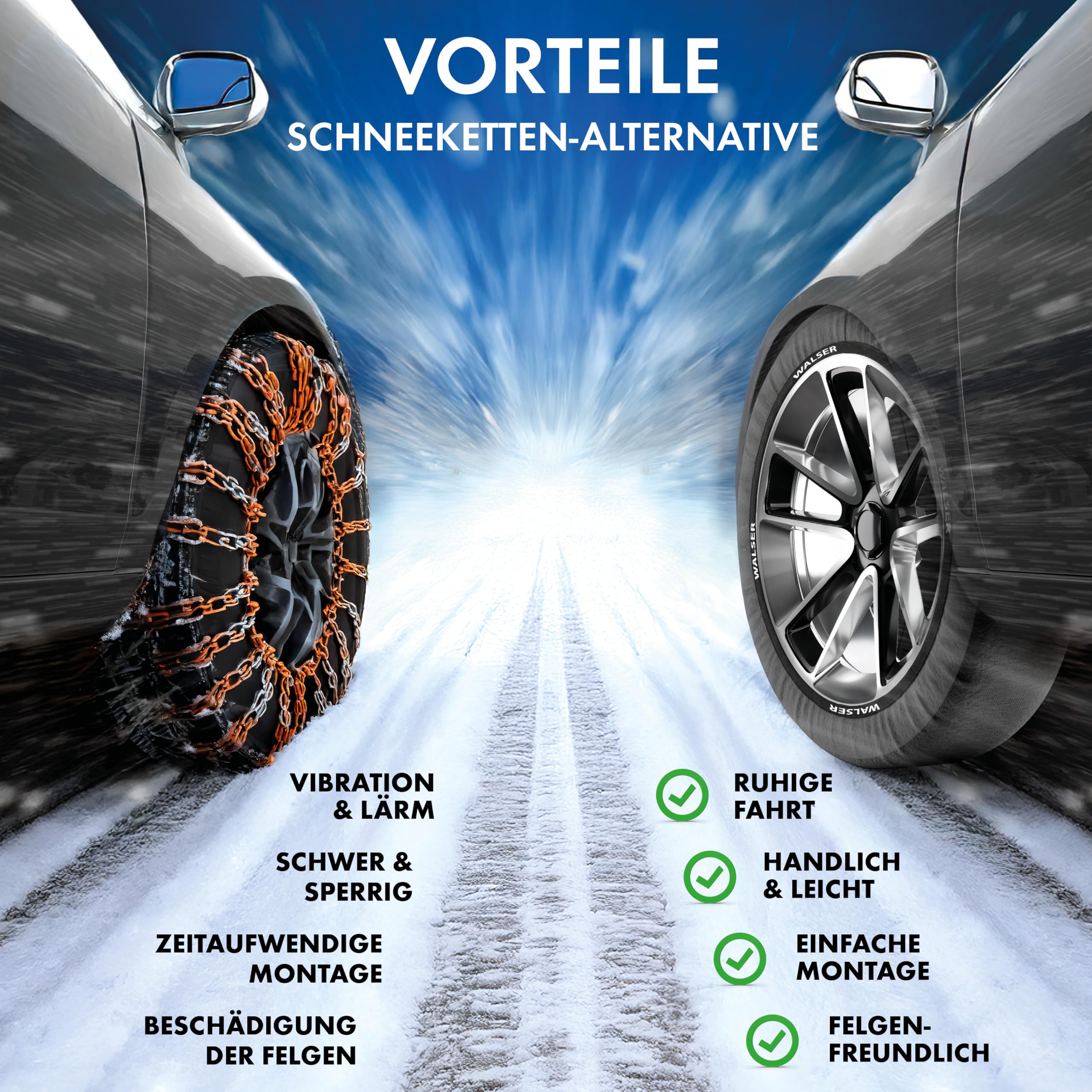 WALSER Premium Textile Schneeketten EU Norm 16662-1 homologiert, Qualitätssieger Sehr Gut*, 2er Set Textilschneekette Snow Sock, Anti-Rutsch Auto Schneeketten, Car Snow Chains R13-R22 Felgengröße, M