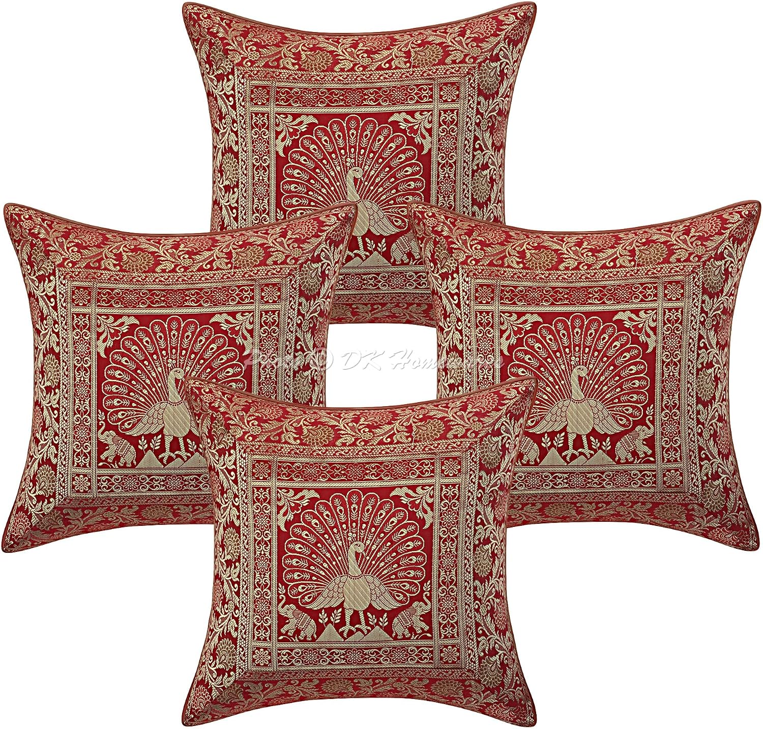 Ethnic Throw Pillow Covers 16x16 Inch Brocade Jacquard Weave Decorative Square Peacock Cushion Covers (Size - 40x40 cm ; Color: Burgundy Maroon & Gold) - Set of 4 Pcs (Cover Only)