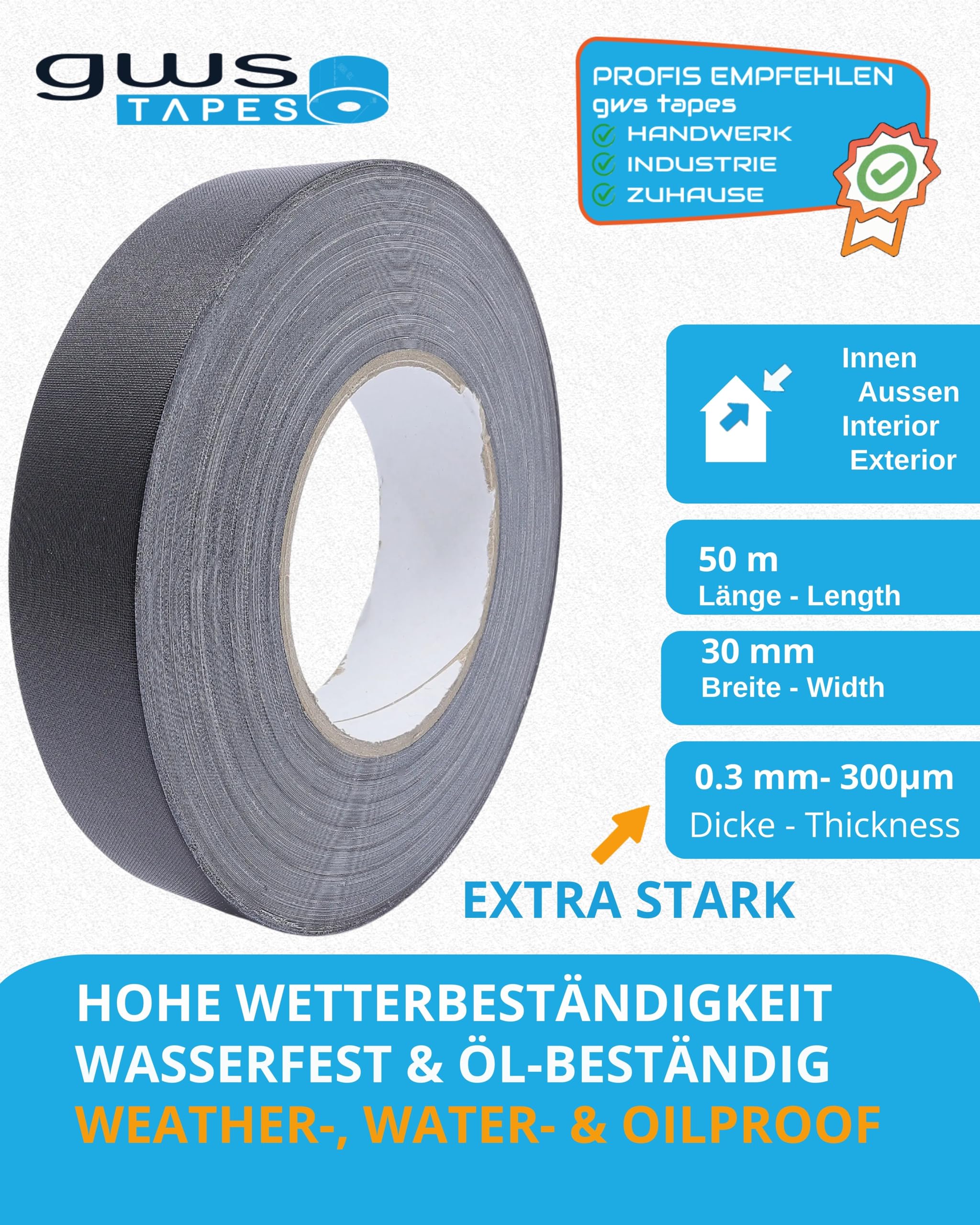 gws Cinta adhesiva de tejido prémium | resistente cinta blindada con adhesivo de caucho natural de calidad profesional (30 mm, 5 colores)