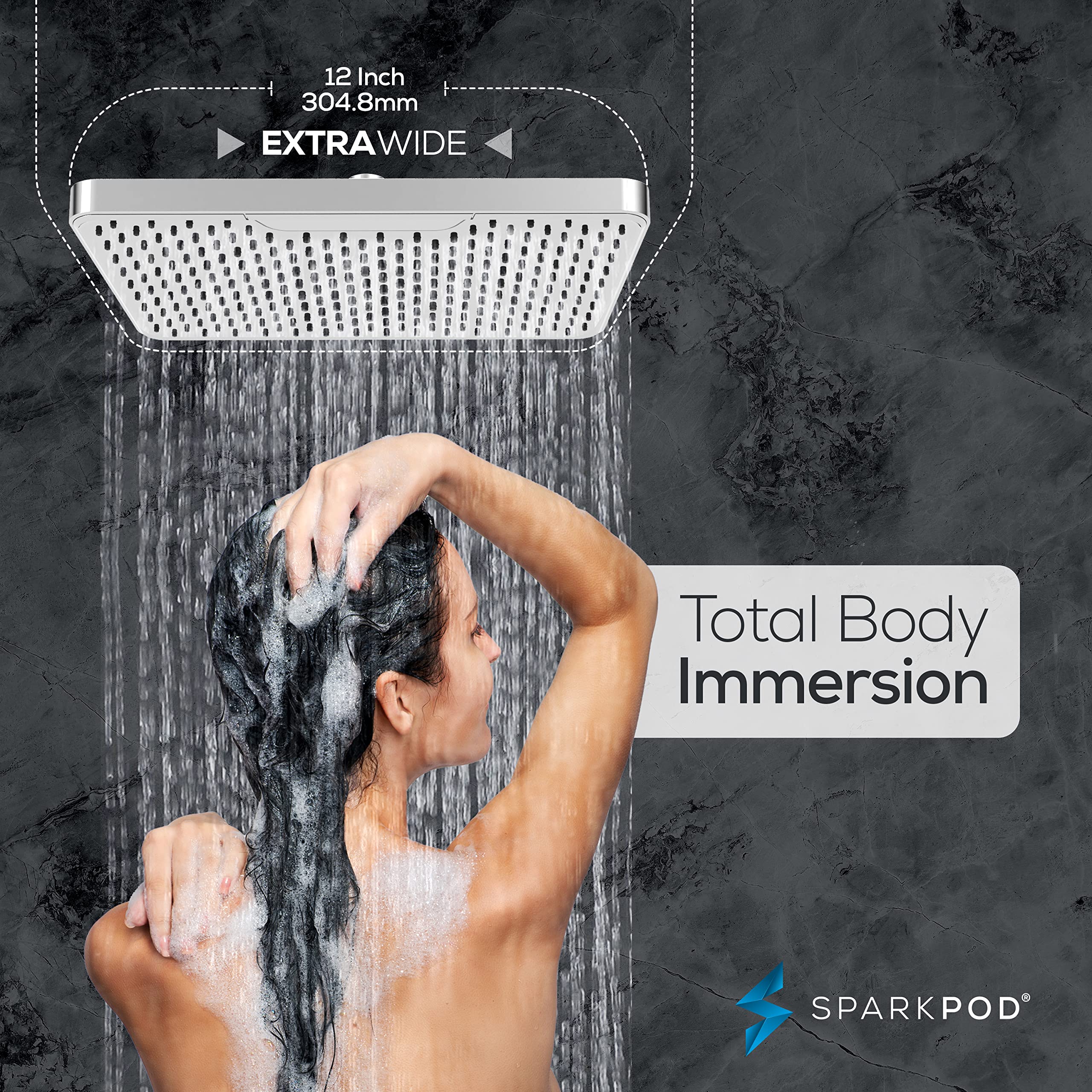 SparkPod Soffione doccia rettangolare da 30,5 cm, montaggio a soffitto o a parete, soffione doccia a grande copertura, giunto sferico in ottone con regolazione a 360°, installazione 1 minuto (cromo