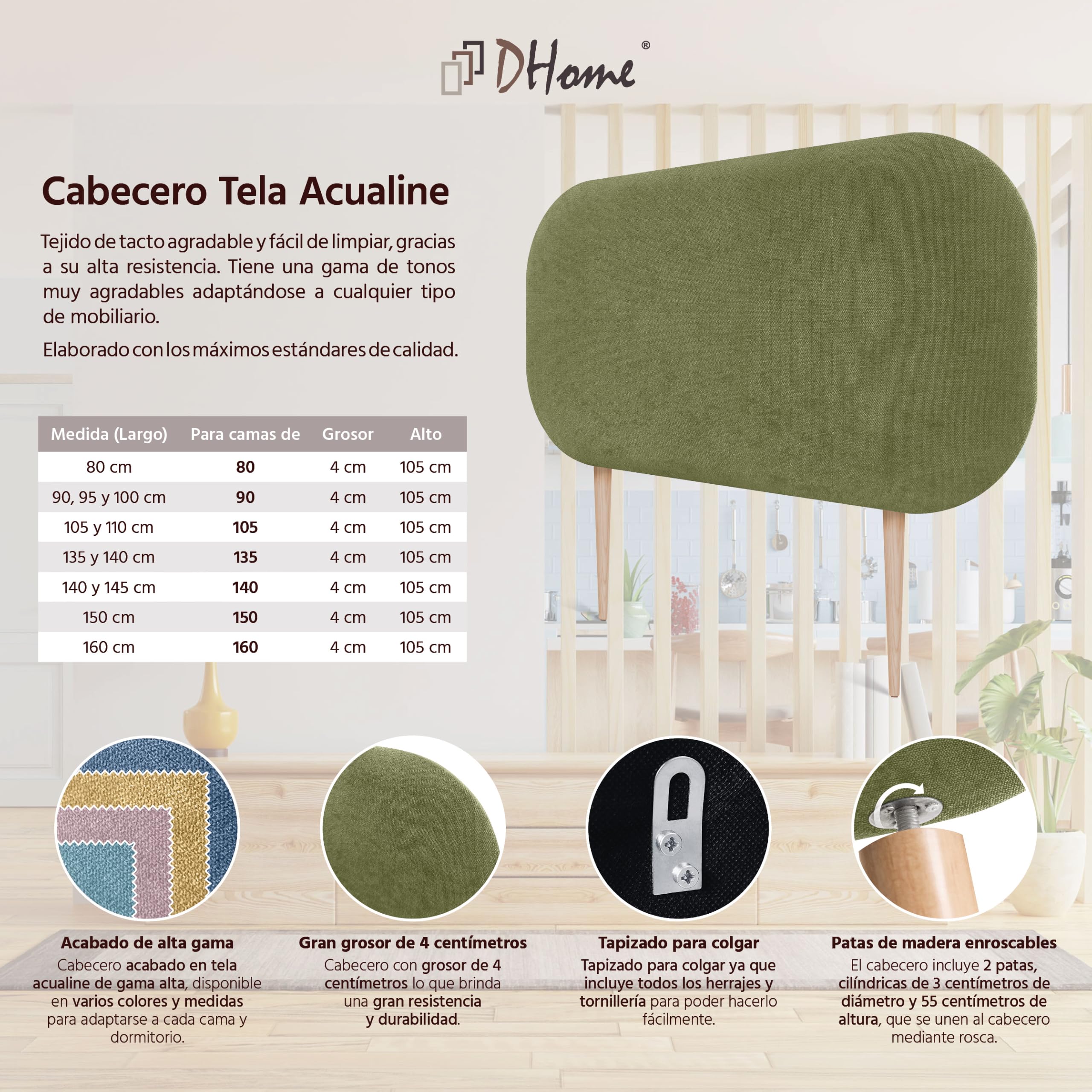 DHOME Cabecero Tapizado Curvo Liso Tela Aqualine 50cm Altura con Patas para Pared Acústicos Cabeceros Absorbentes Cabezal Cama Dormitorio (Verde, 80cm)