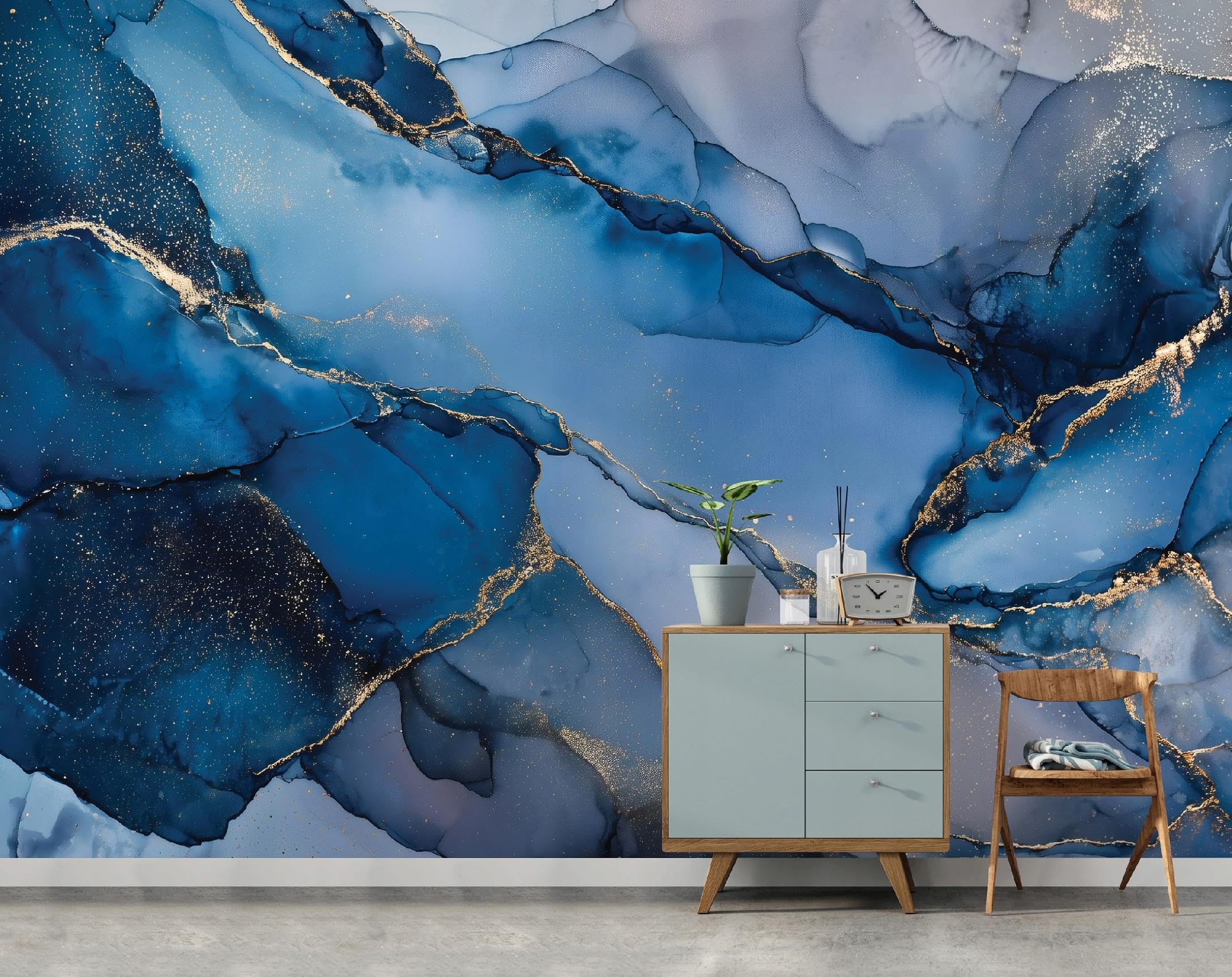 WallArena - Carta da parati fotografica - Astratto 400x280 cm - Murale fotografico - Per soggiorno e camera da letto - Effetto 3D - con Colla - Marmo Oro Blu