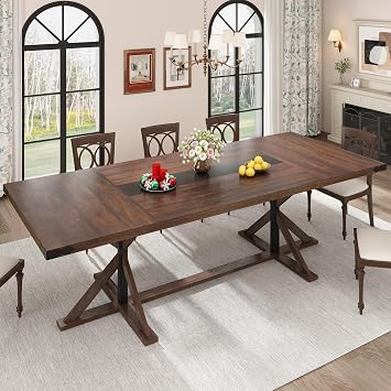 Hlivelood 94" Large Dining Table for 10 People, Rectangular Kitchen Farmhouse Table W/Thickness Waterproof Wood Tabletop,Long Dining Room Tables W/Wood Strip Base for Kitchen Living Room238CM Brown
