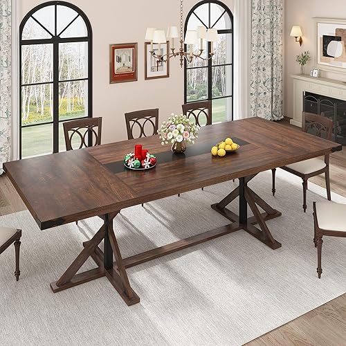 94" Large Dining Table for 10 People, Rectangular Kitchen Farmhouse Table W/Thickness Waterproof Wood Tabletop,Long Dining Room Tables W/Wood Strip Base for Kitchen Living Room(94IN Brown)