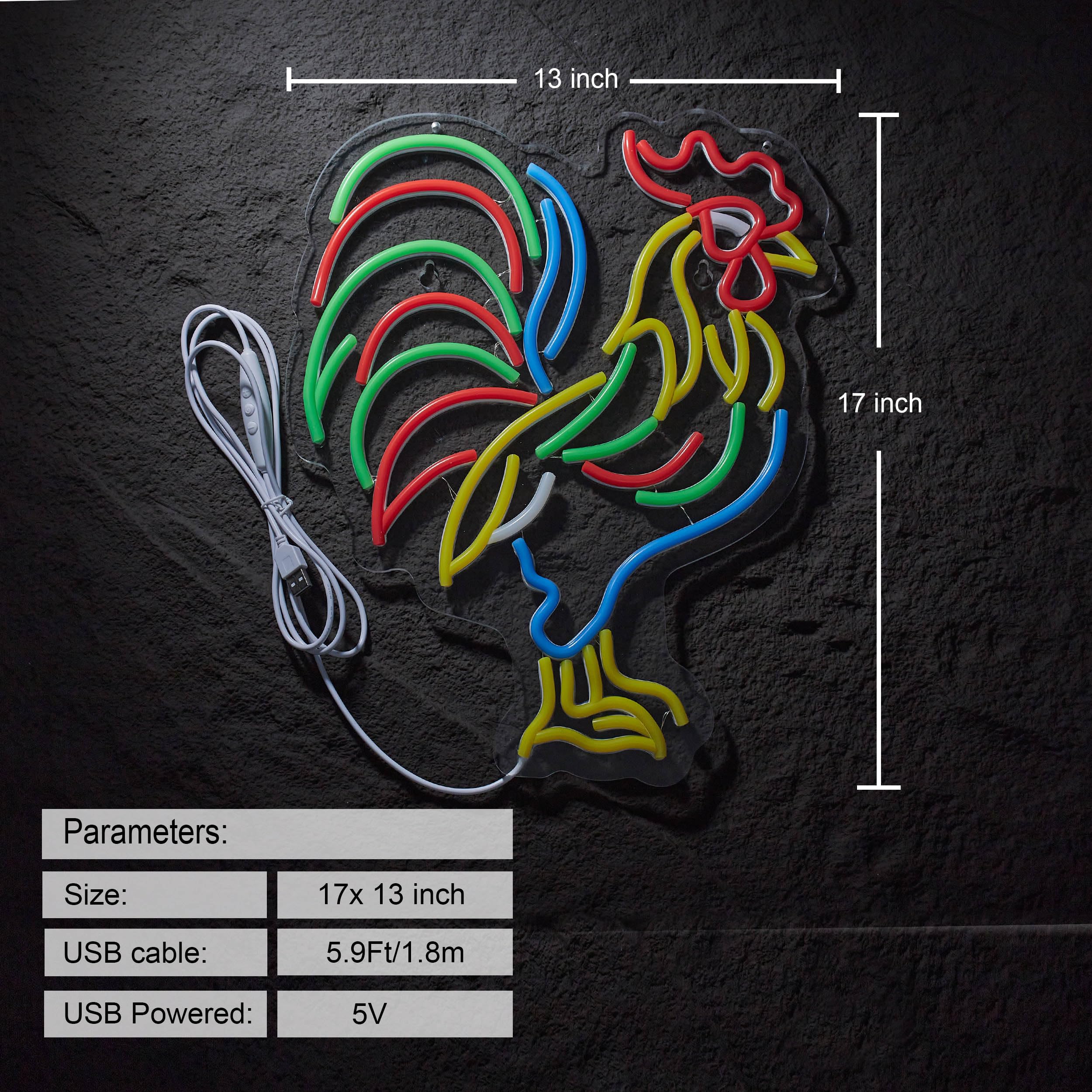Roouneon Letrero de neón de gallo para decoración de pared, letreros LED de pollo con interruptor regulable, luz de decoración artística para hombre, cueva, cerveza, bar, sala de juegos