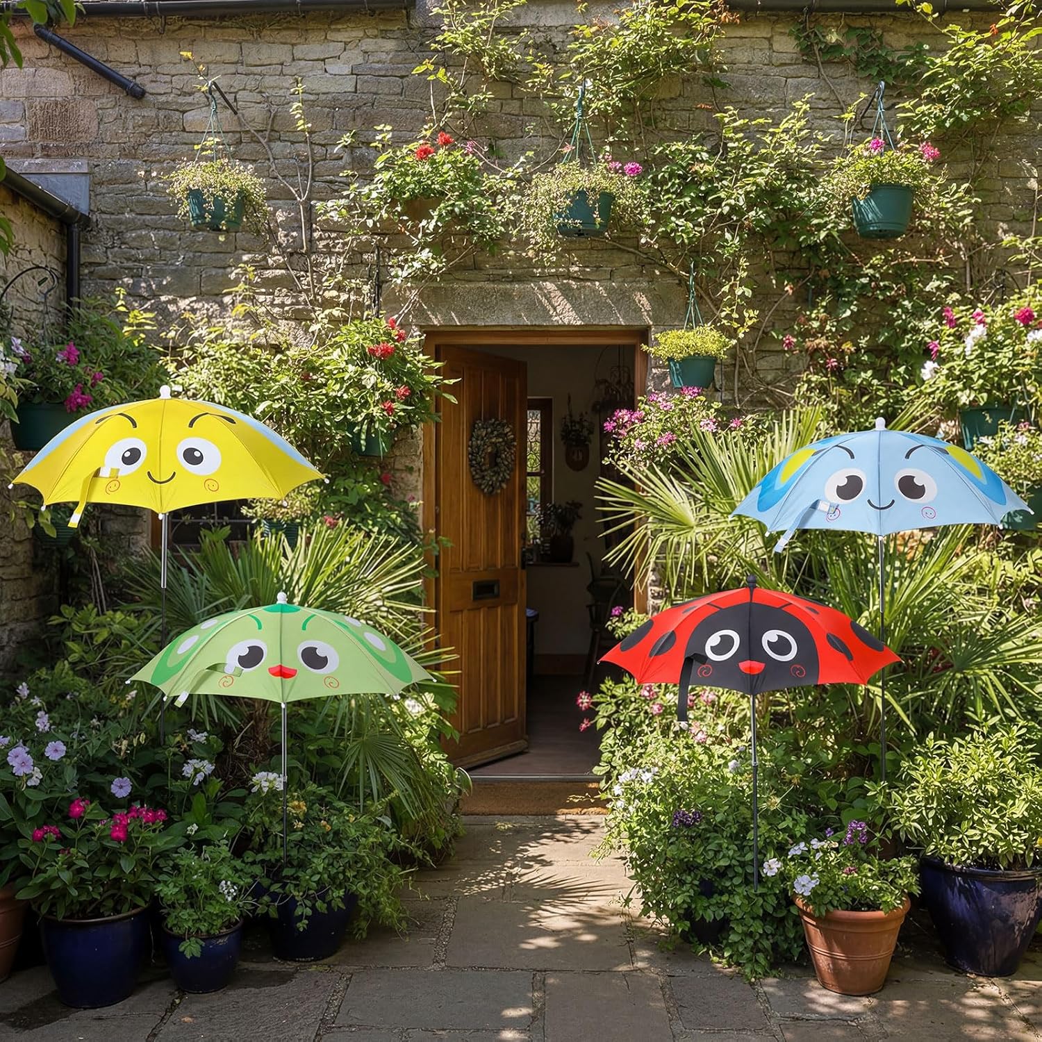 Sadnyy 4 Pack Plant Umbrellas for Outdoor Plants 24 Inch Spring Animal Theme Adjustable Height Garden Umbrella Sun Shade for Potted Plant Courtyard Balcony (Ladybug, Butterflies, Bees, Dragonflies)
