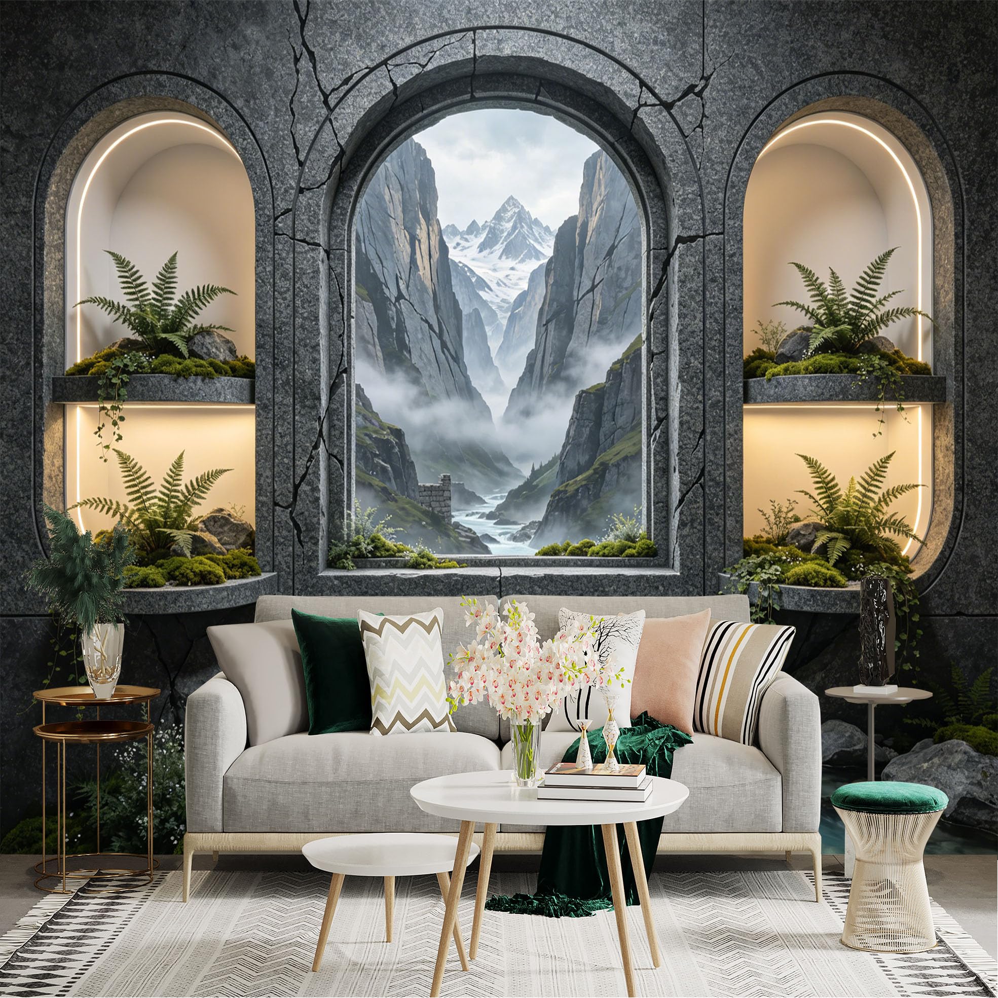Custom Size Wall Sticker Mural， Mountain Valley with River Stream， Arch Window and Green Ferns， for wall Decoration， peelandstick wall Decals.