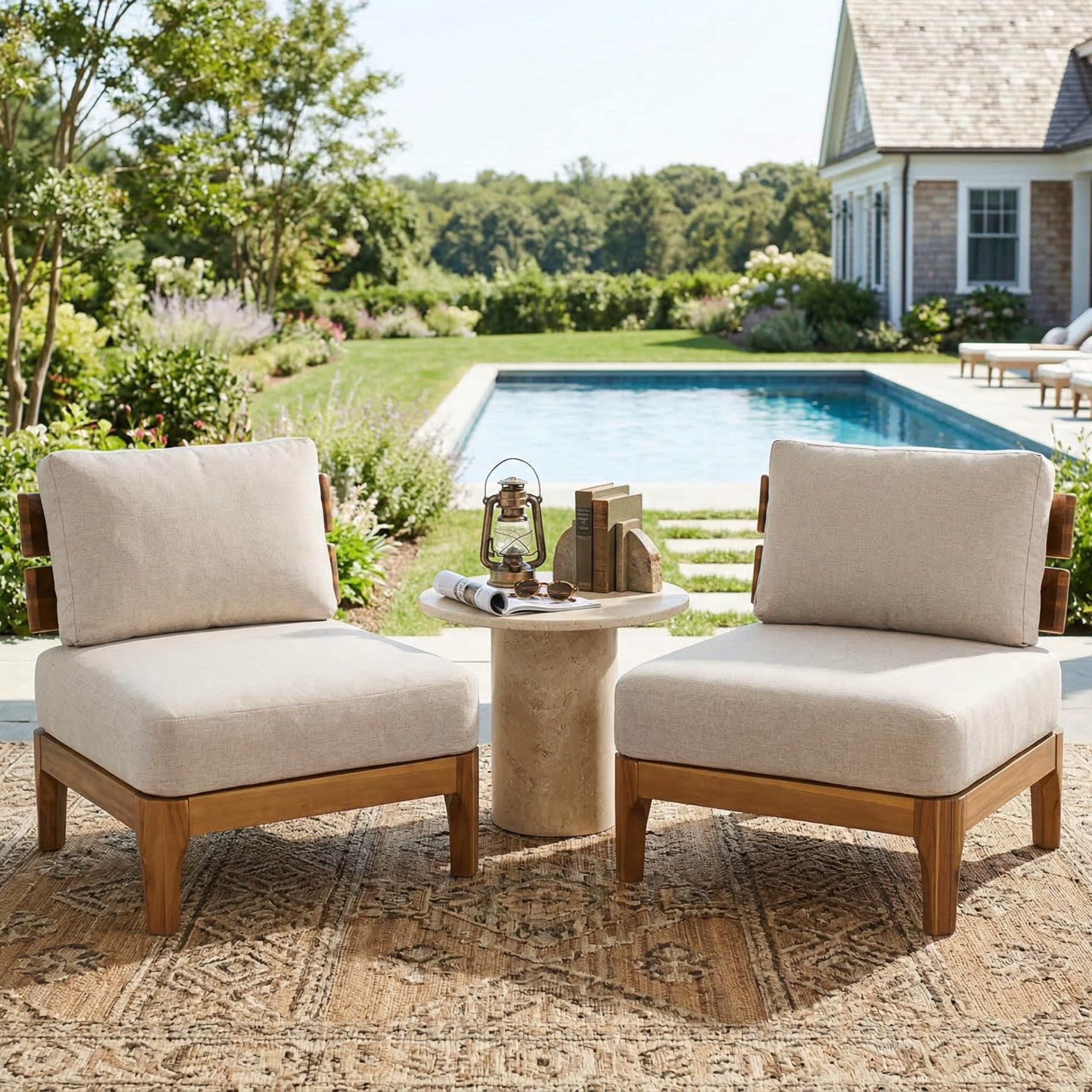 Photo 1 of Merax Outdoor Acacia Wood Armchair with Cushions Set of 2, Patio Chair for Porch, Lawn, Backyard, Balcony Teak+ Beige