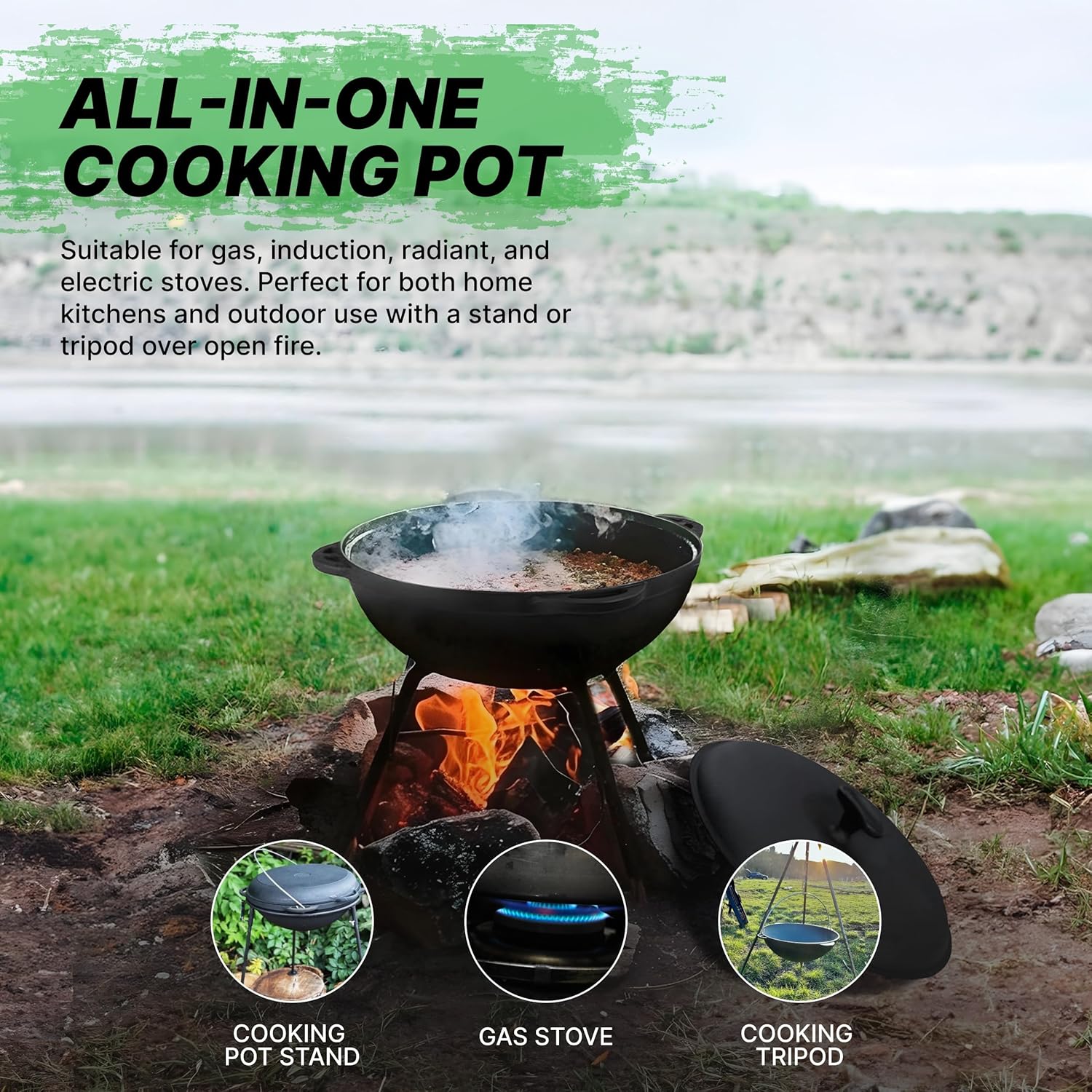 Kazan Uzbek Cast Iron Kazan for Plov Making Cookware Insulated Double Handle Pan Wide Mouth Cast Iron Dutch Oven, Outdoor Cooking Frying Pot, Lodge Cast Iron Skillet, 8 L