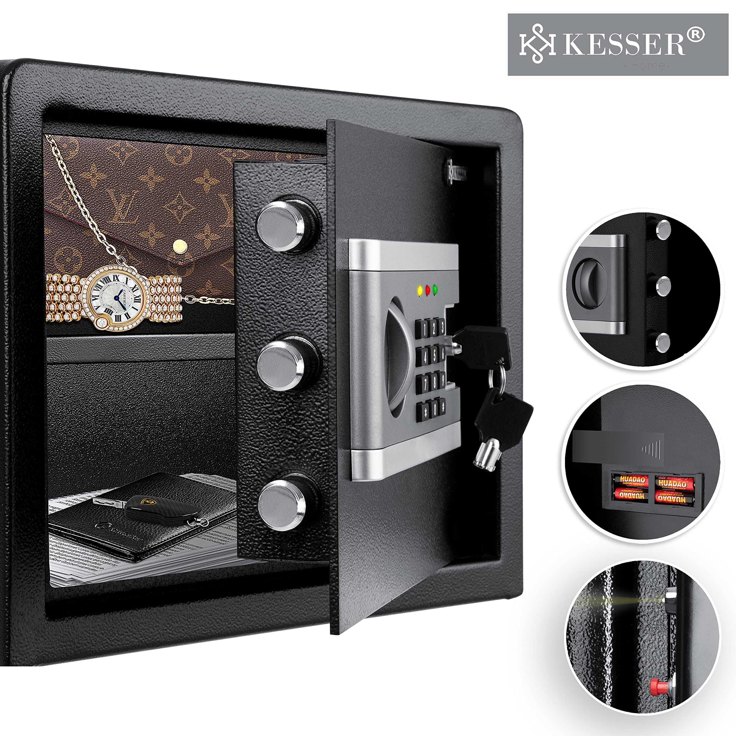 KESSER® Cassaforte Elettronica | Incl. Box Batteria | 3x Doppio Cilindro Di Bloccaggio | A Muro, Pavimento o Mobile | Illuminazione Interna (L)