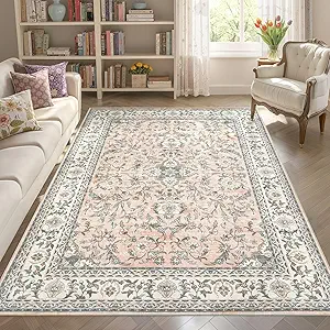 Tortania Area Rug Living Room Rugs - 6x9 Washable Boho Rug Vintage Oriental Distressed Farmhouse Large Thin Indoor Carpet for Living Room Bedroom Under Dining Table Home Office - Floral Pink