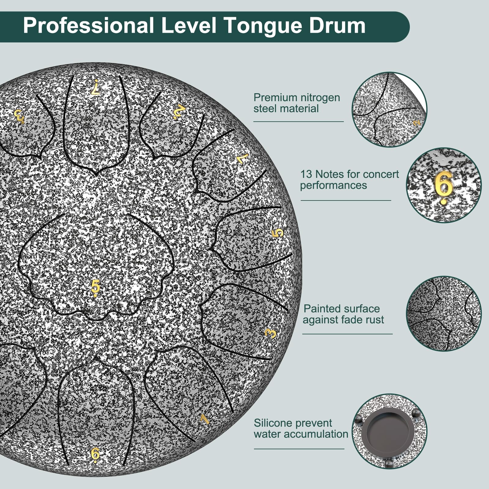 D Major Steel Tongue Drum Handpan, 12 Inch 13 Note Rain Drum for Outside Garden, Meditation Rain Chime, Musical Percussion Instrument for Adult Gift with Bag, Music Book, Drum Mallets (Star Sliver) 2