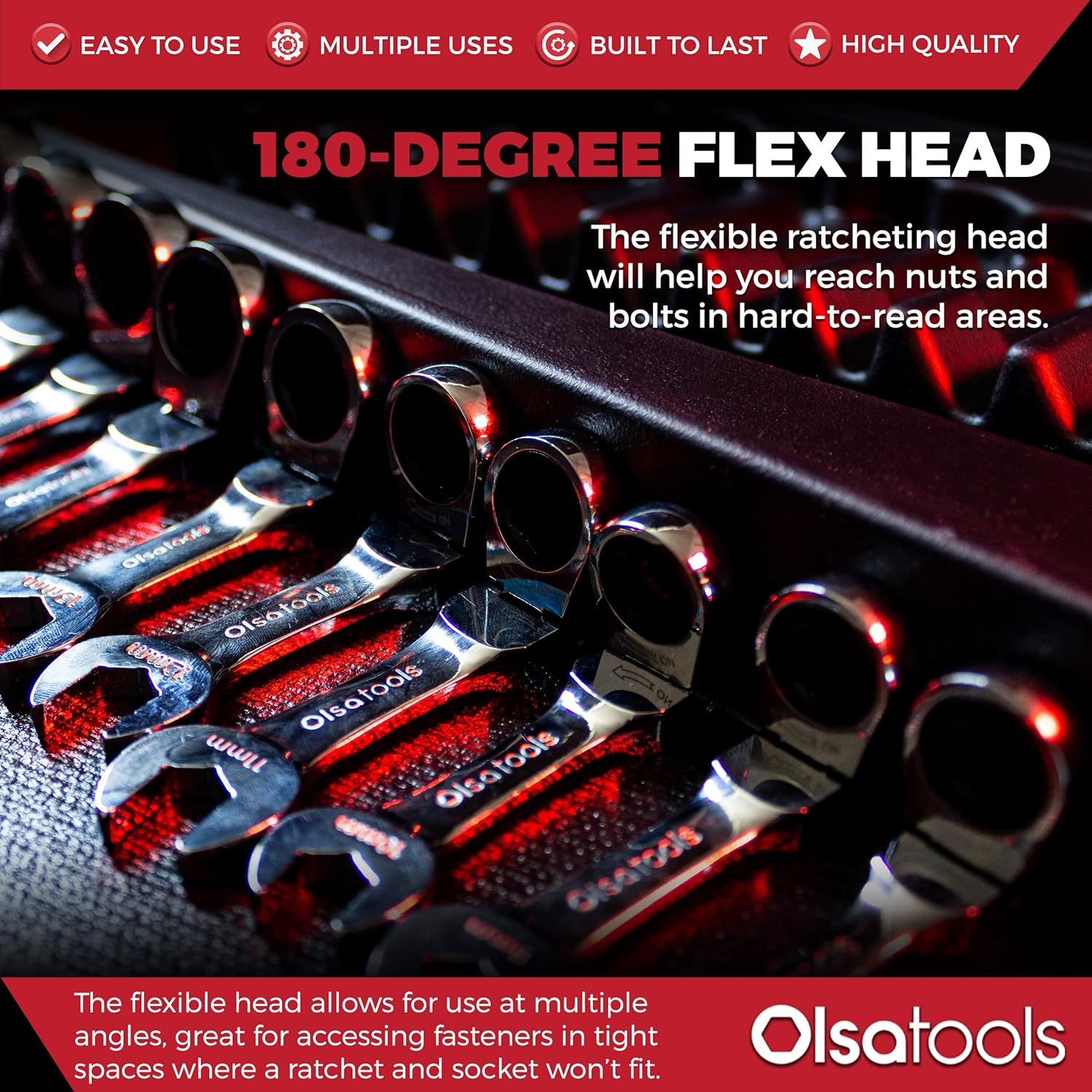 Olsa Tools Stubby Ratcheting Wrench Set - 12 Pc Metric Flex Head - 6-Point Box End - 120-Tooth - Works on Rounded or Stripped Bolts - Compact Professional Spanners - Part 1358