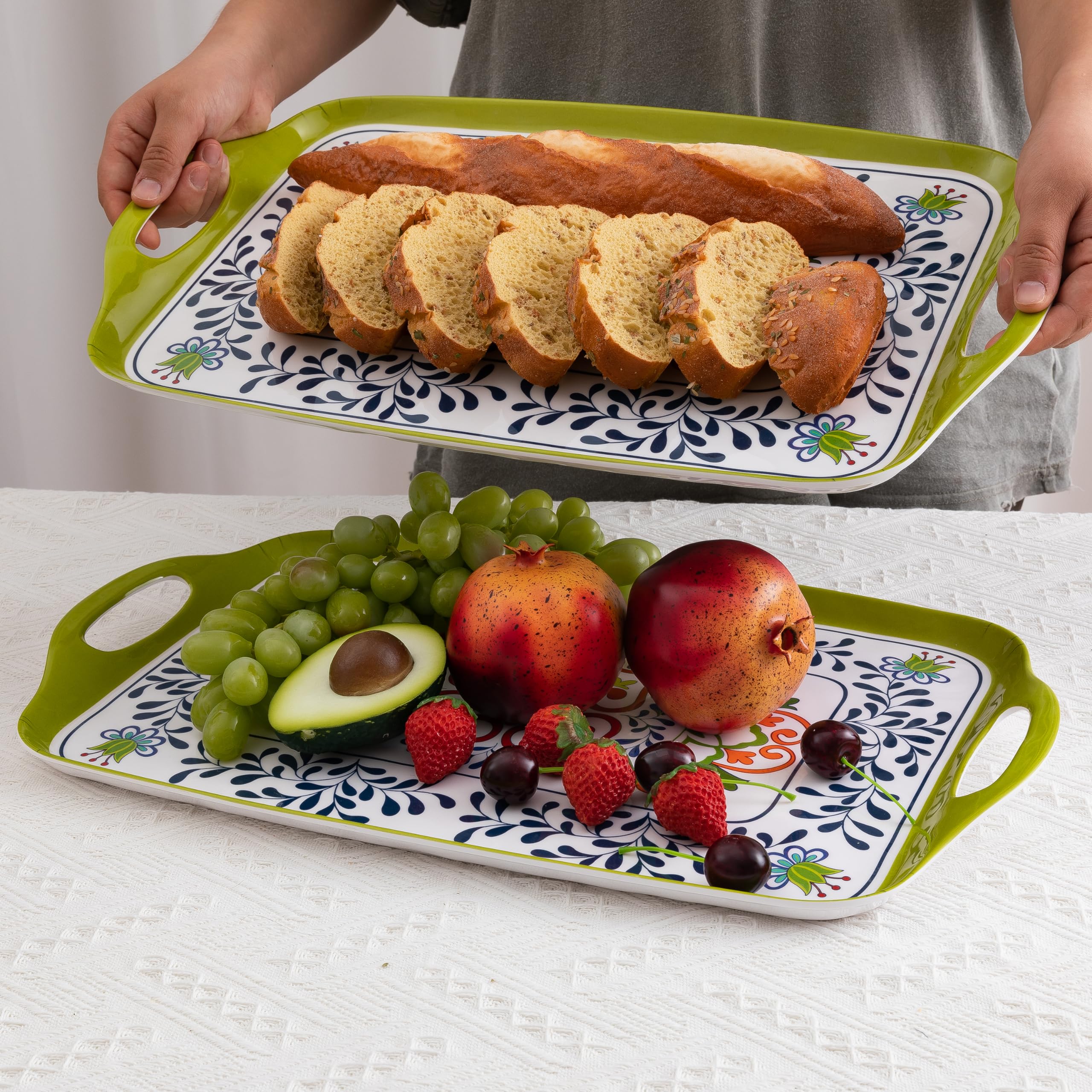 Large Serving Platter with Handles,19''x12''Large Rectangular Melamine Serving Tray Set of 2, Kitchen Food and BBQ Serving Platter, Talavera Grilling Prep and Serve Tray, Dishwasher Safe